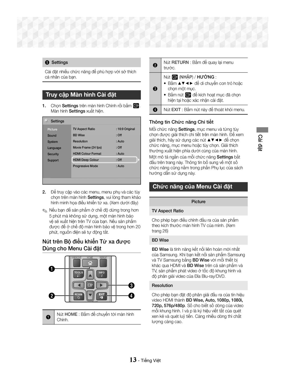 Samsung HT-J5150K/XV manual Truy cập Màn hình Cài đặt, Nút trên Bộ điều khiển Từ xa được Dùng cho Menu Cài đặt 