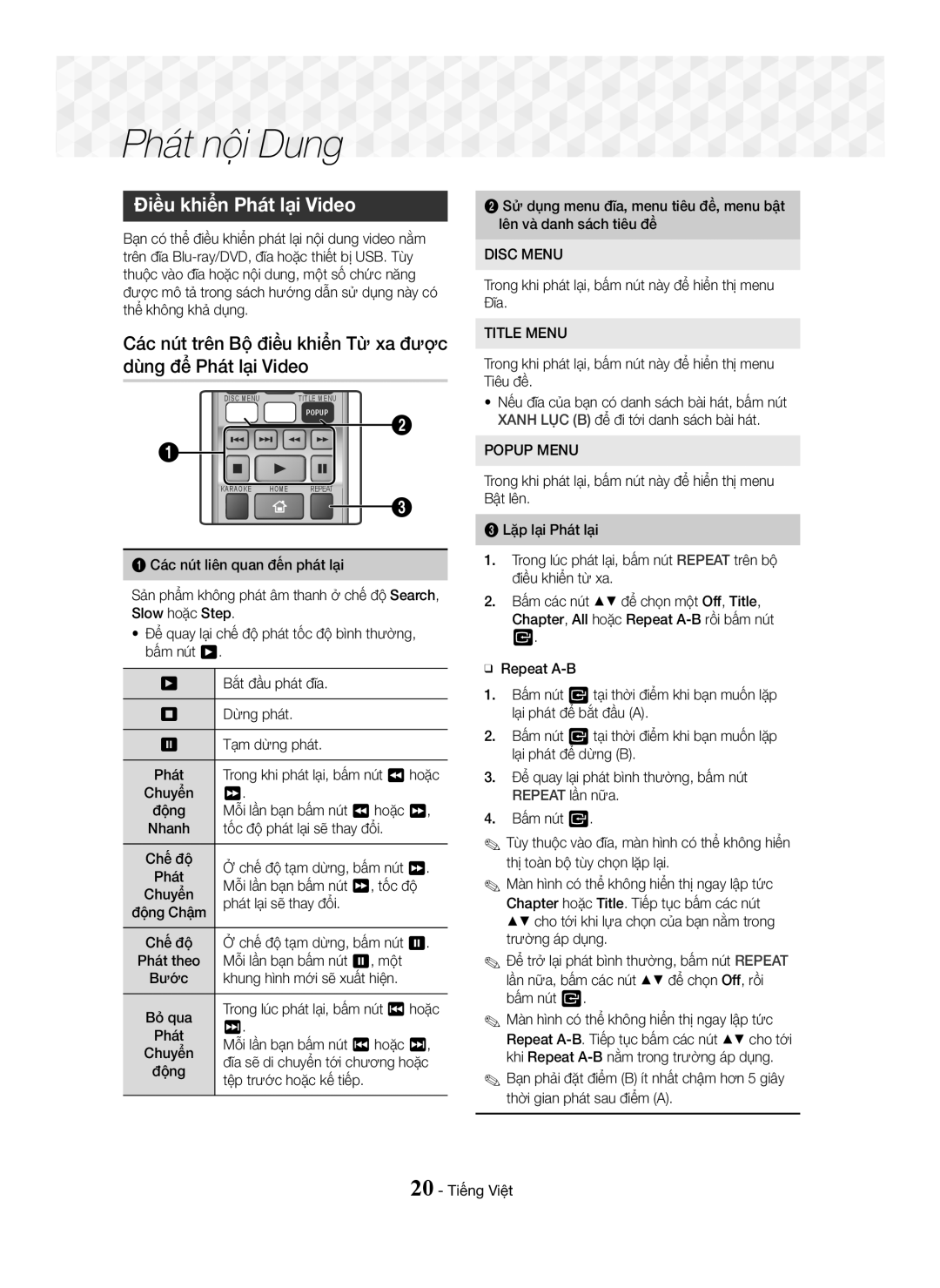 Samsung HT-J5150K/XV manual Điều khiển Phát lại Video 