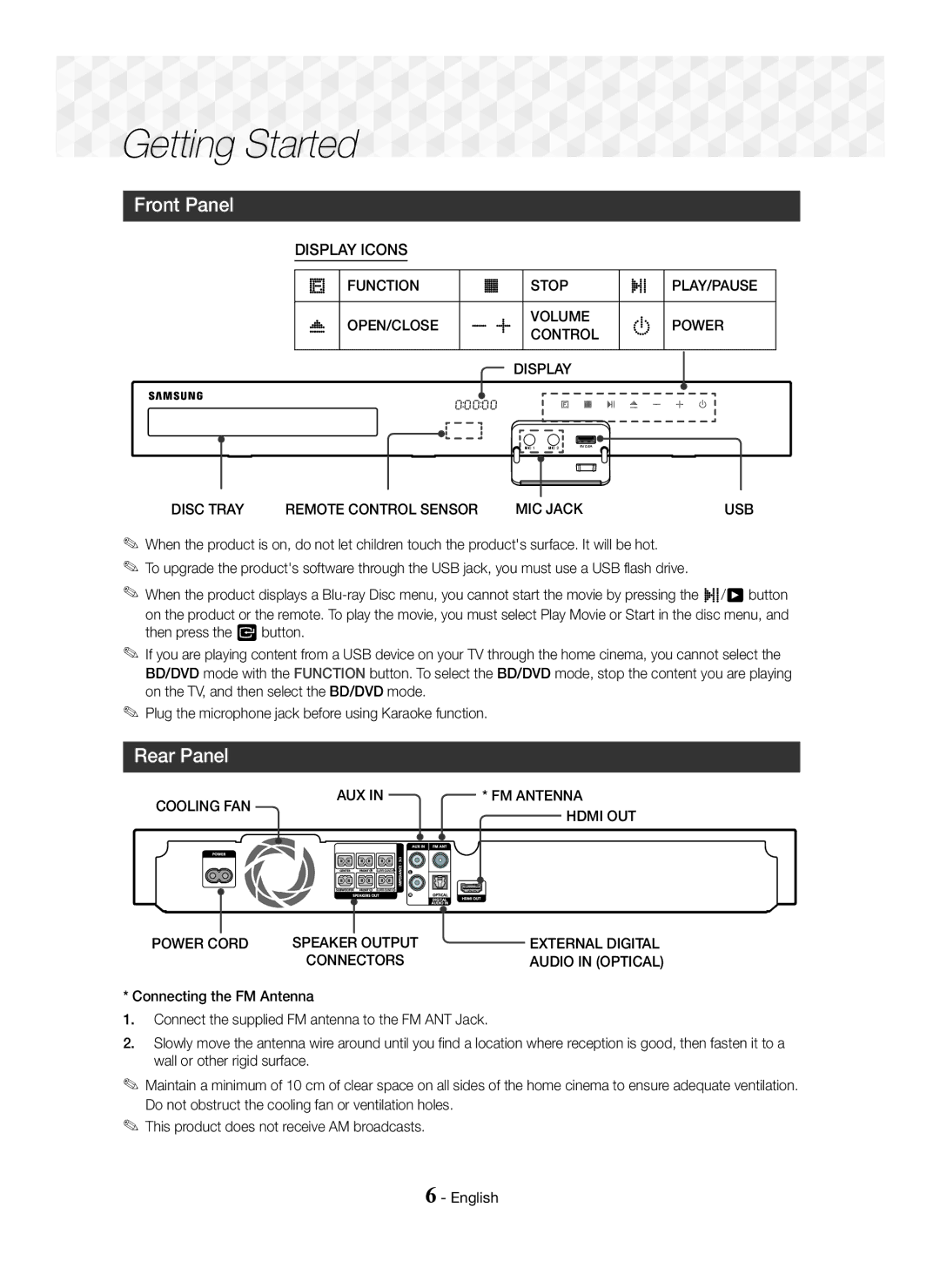 Samsung HT-J5150K/XV manual Getting Started, Front Panel, Rear Panel, Play/Pause 