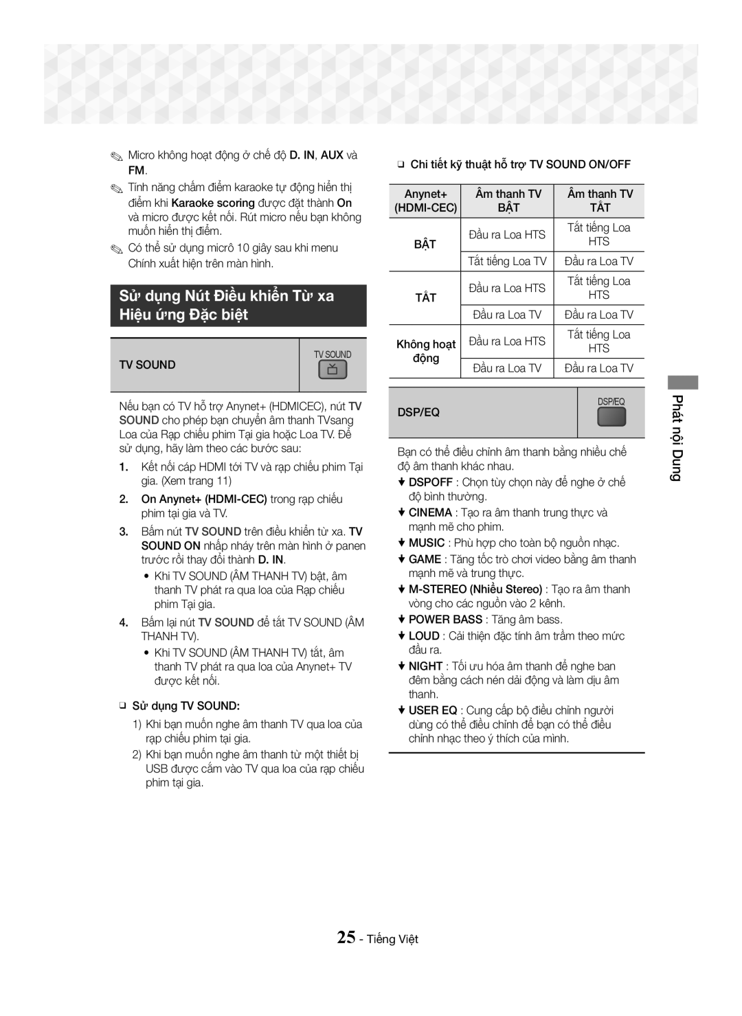 Samsung HT-J5150K/XV manual Sử dụng Nút Điều khiển Từ xa Hiệu ứng Đặc biệt, Hdmi-Cec Bật Tắt, Bật Hts, Tắt Hts 