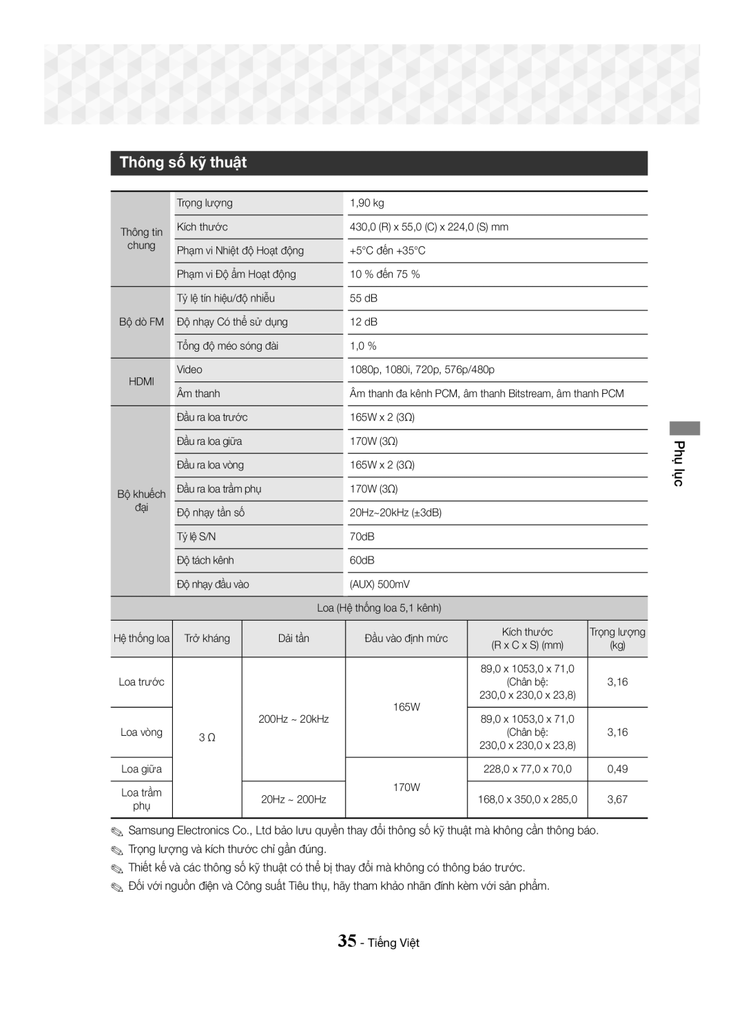 Samsung HT-J5150K/XV manual Thông số kỹ thuật 