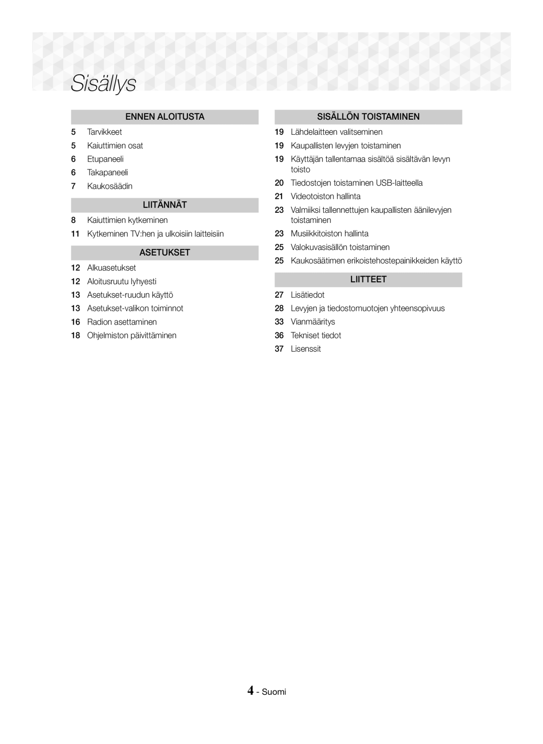 Samsung HT-J5150/EN, HT-J5150/TK, HT-J5150/ZF manual Sisällys 