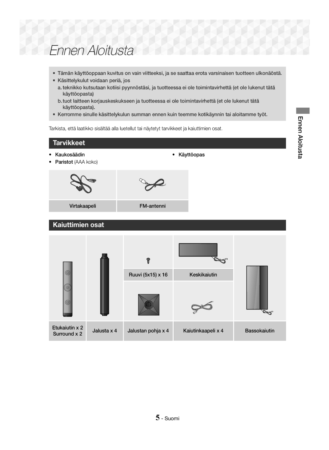 Samsung HT-J5150/ZF, HT-J5150/TK, HT-J5150/EN manual Tarvikkeet, Kaiuttimien osat, Ennen Aloitusta 