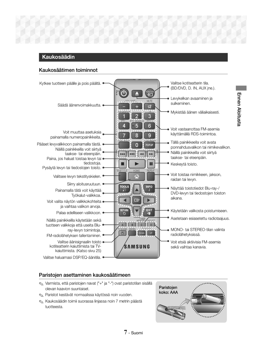 Samsung HT-J5150/EN, HT-J5150/TK, HT-J5150/ZF Kaukosäädin, Kaukosäätimen toiminnot, Paristojen asettaminen kaukosäätimeen 