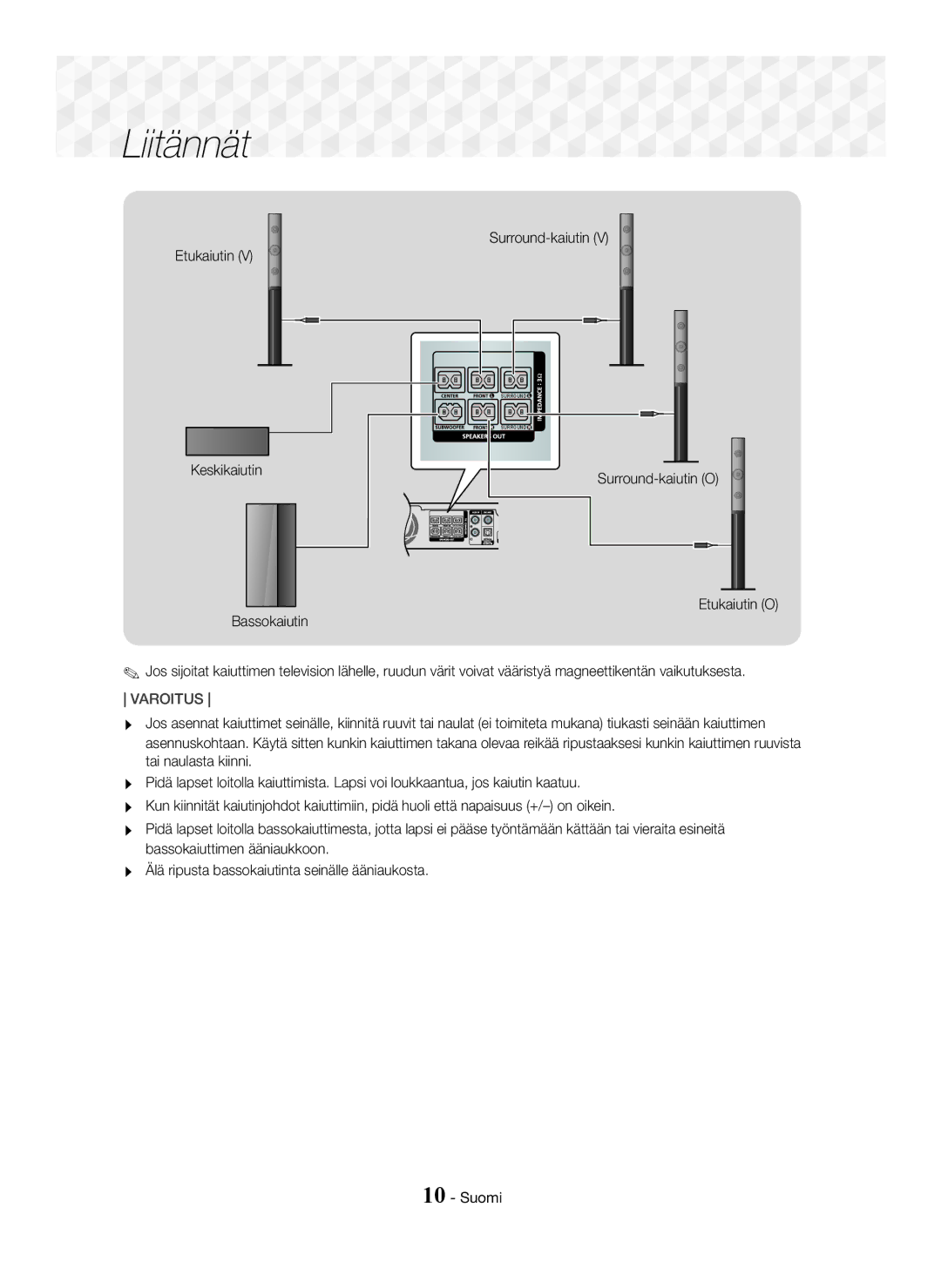 Samsung HT-J5150/EN, HT-J5150/TK, HT-J5150/ZF manual Surround-kaiutin Etukaiutin Keskikaiutin Bassokaiutin, Varoitus 