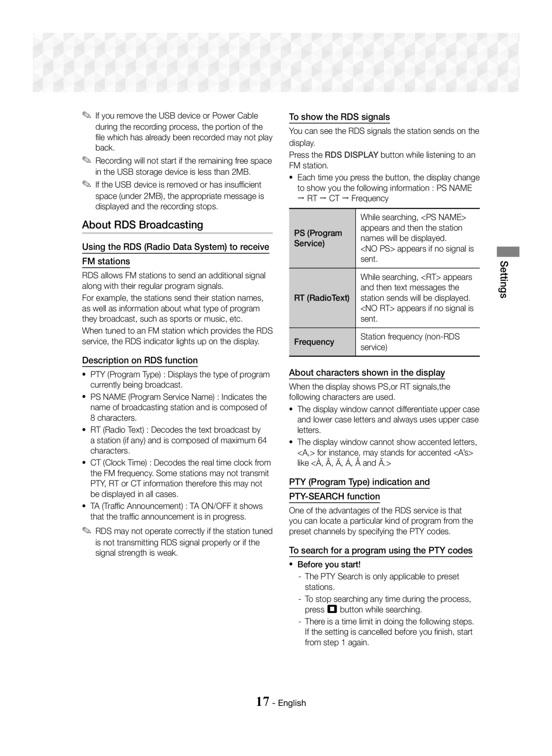 Samsung HT-J5150/ZF, HT-J5150/TK, HT-J5150/EN manual About RDS Broadcasting 