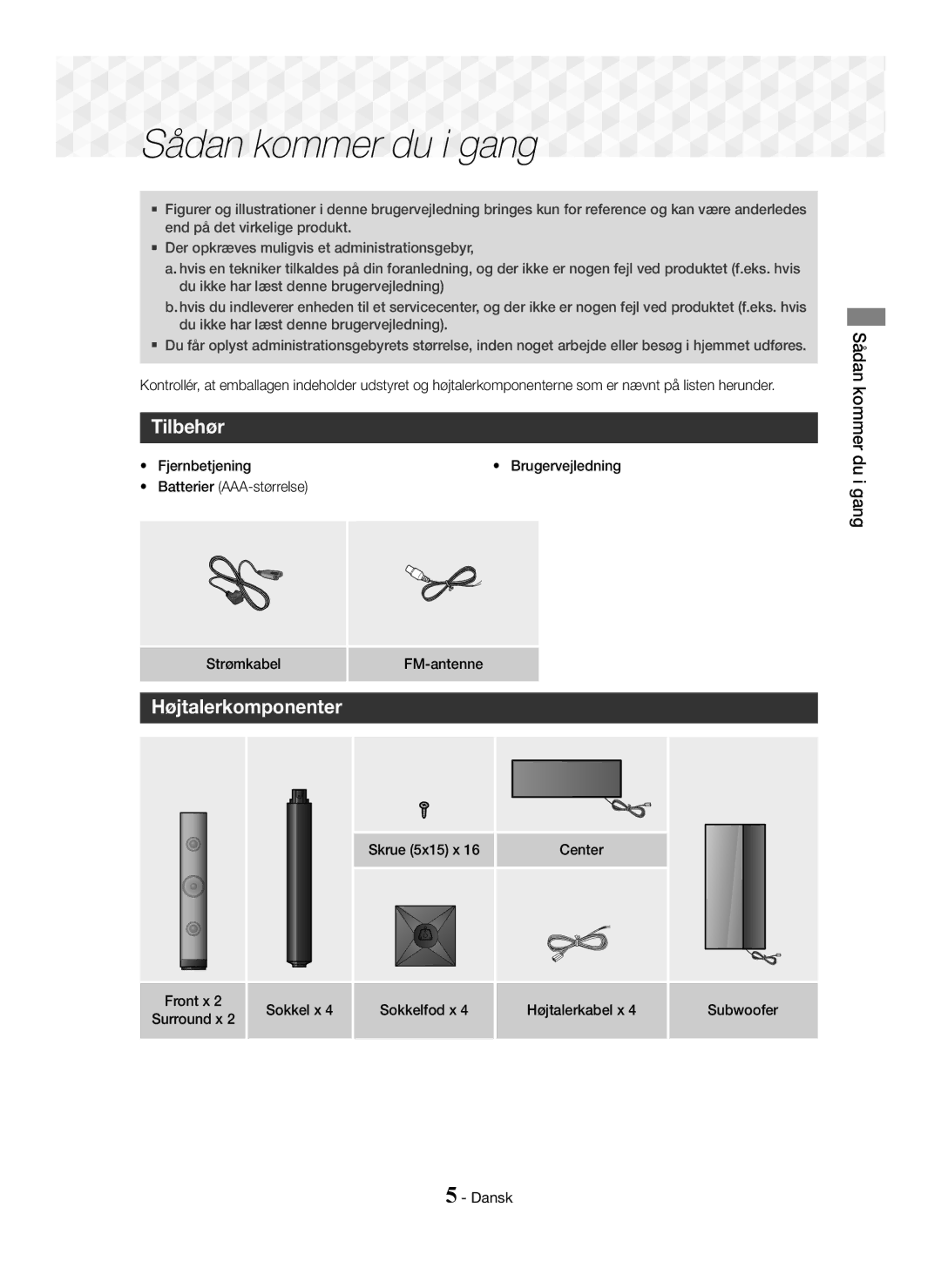 Samsung HT-J5150/TK, HT-J5150/EN, HT-J5150/ZF manual Tilbehør, Højtalerkomponenter, Sådan kommer du i gang 