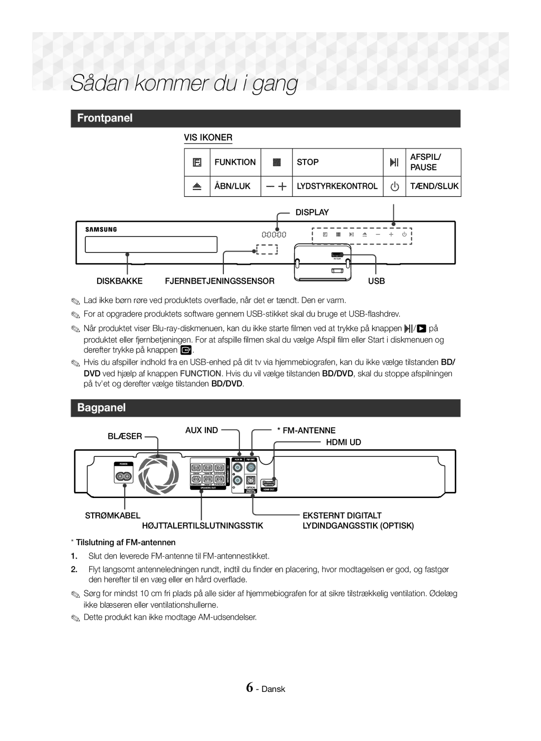 Samsung HT-J5150/EN, HT-J5150/TK, HT-J5150/ZF manual Sådan kommer du i gang, Frontpanel, Bagpanel 