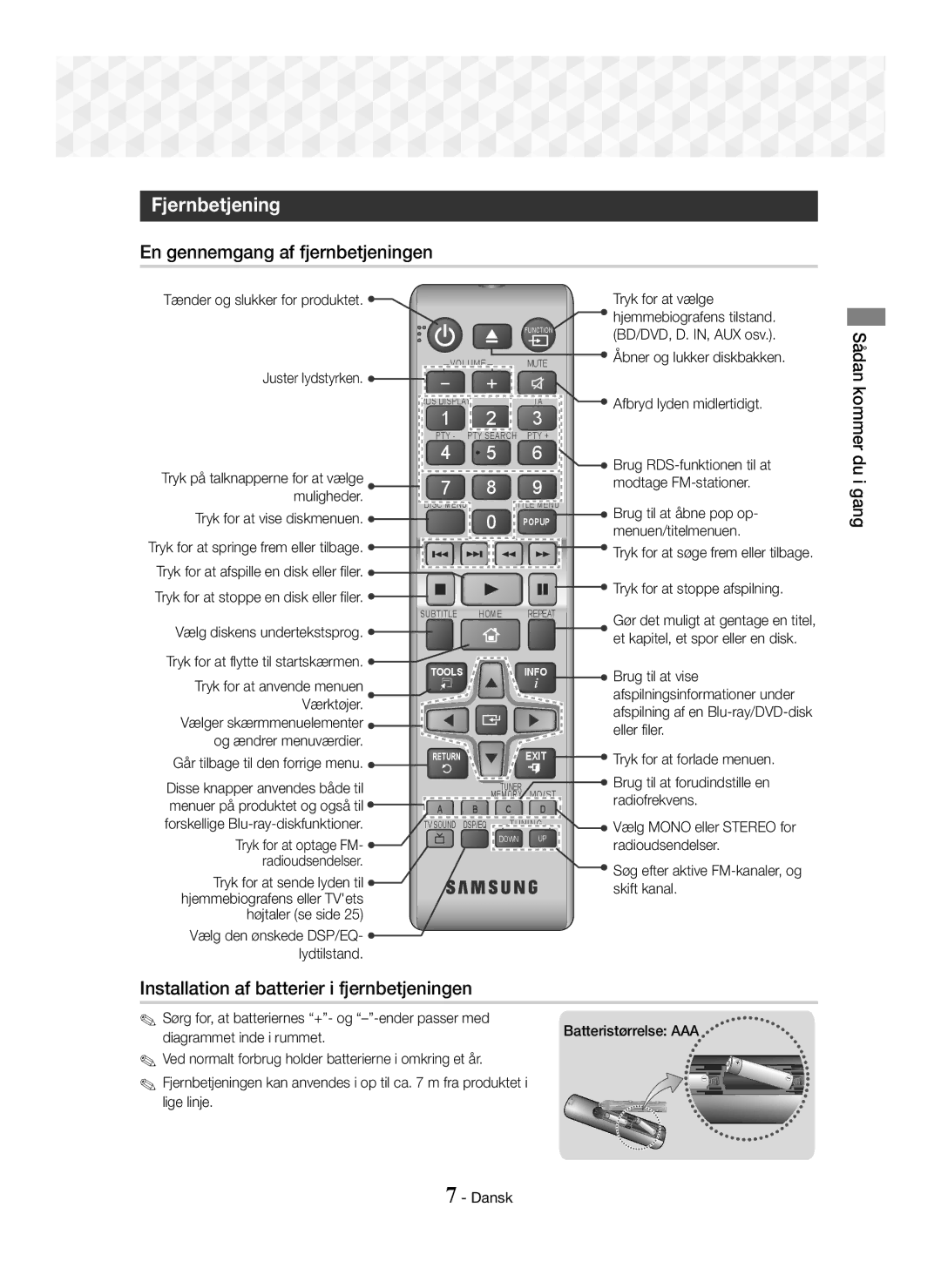 Samsung HT-J5150/ZF manual Fjernbetjening, En gennemgang af fjernbetjeningen, Installation af batterier i fjernbetjeningen 