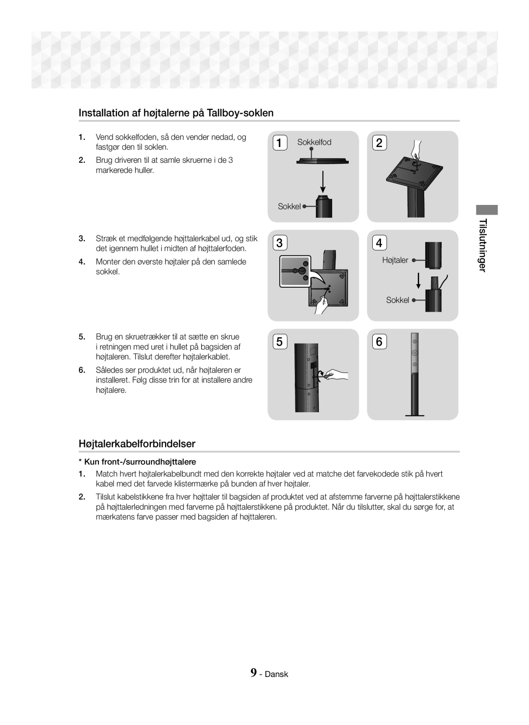 Samsung HT-J5150/EN, HT-J5150/TK Installation af højtalerne på Tallboy-soklen, Højtalerkabelforbindelser, Tilslutninger 