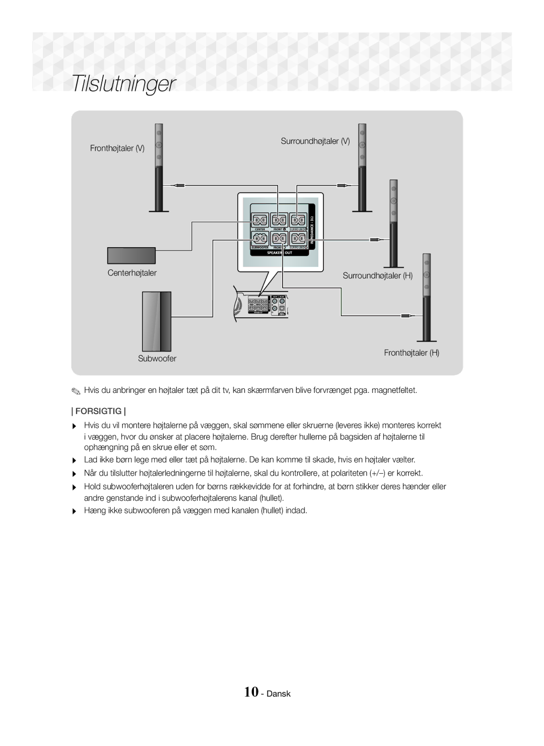 Samsung HT-J5150/ZF, HT-J5150/TK, HT-J5150/EN manual Surroundhøjtaler Fronthøjtaler Centerhøjtaler Subwoofer, Forsigtig 