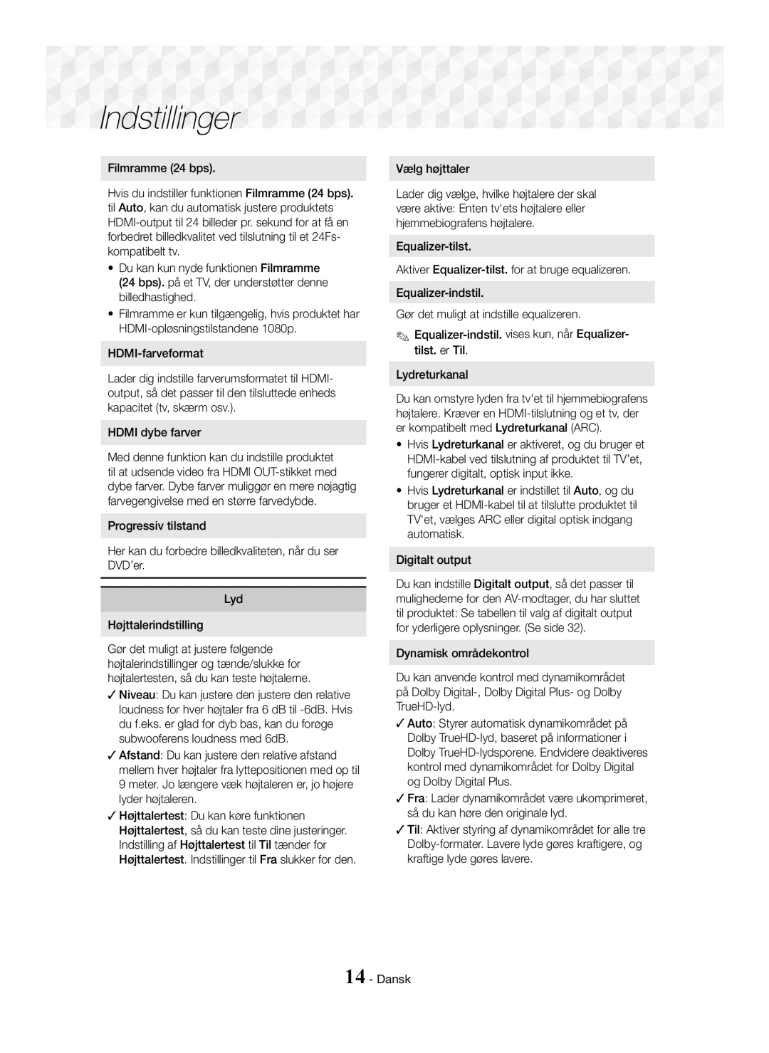 Samsung HT-J5150/TK, HT-J5150/EN, HT-J5150/ZF manual Indstillinger, HDMI-farveformat, Hdmi dybe farver, Vælg højttaler 