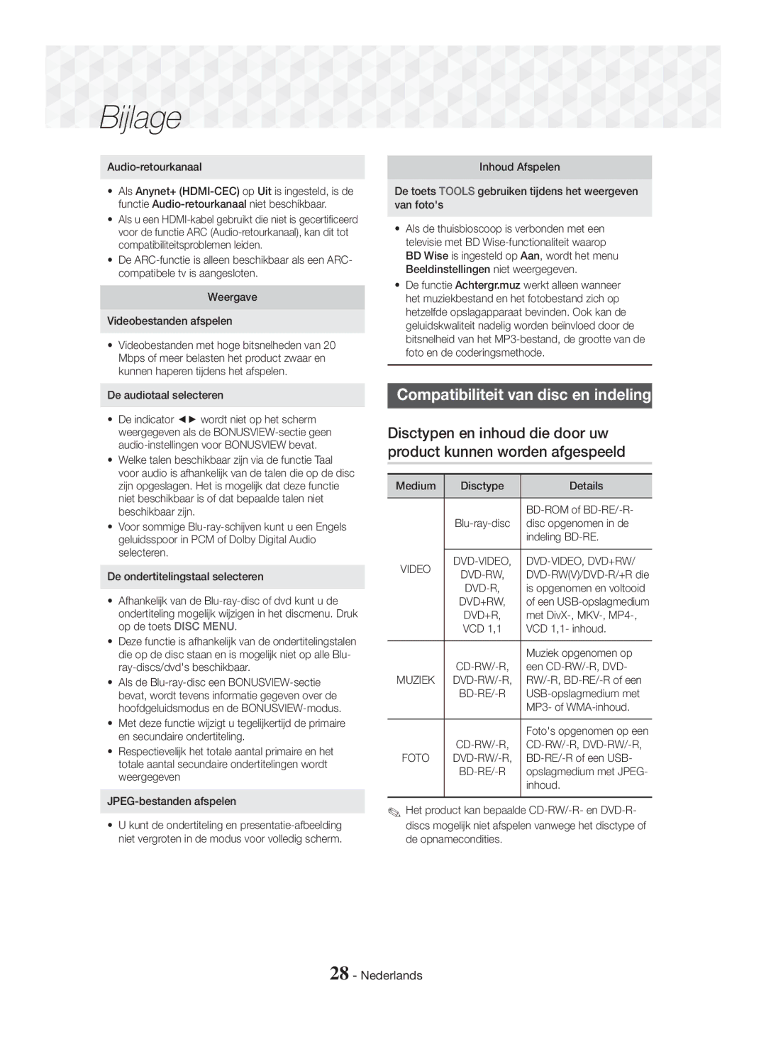 Samsung HT-J5150/ZF, HT-J5150/TK, HT-J5150/EN manual Bijlage, Compatibiliteit van disc en indeling 