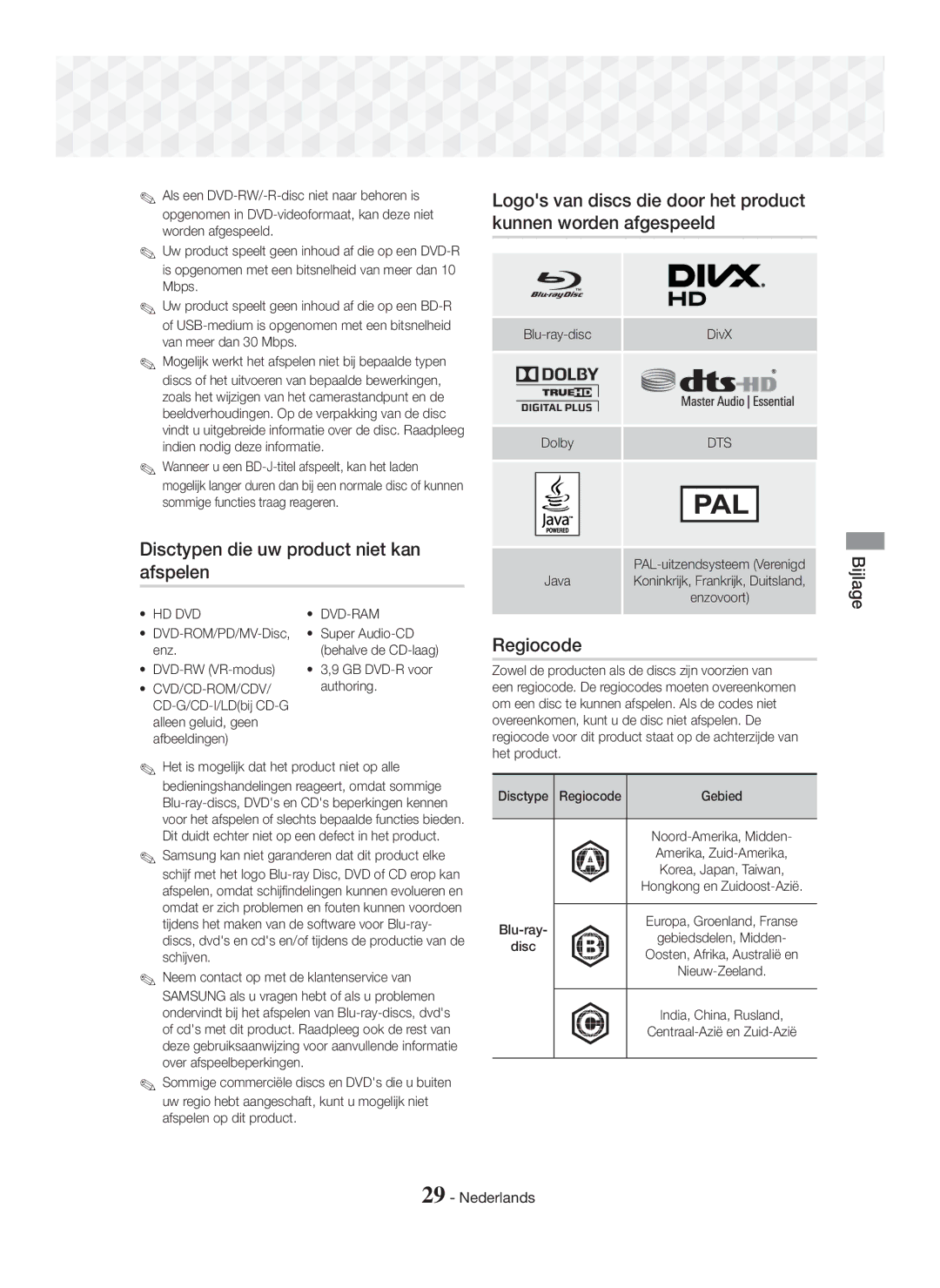 Samsung HT-J5150/TK, HT-J5150/EN, HT-J5150/ZF manual Disctypen die uw product niet kan afspelen, Regiocode 