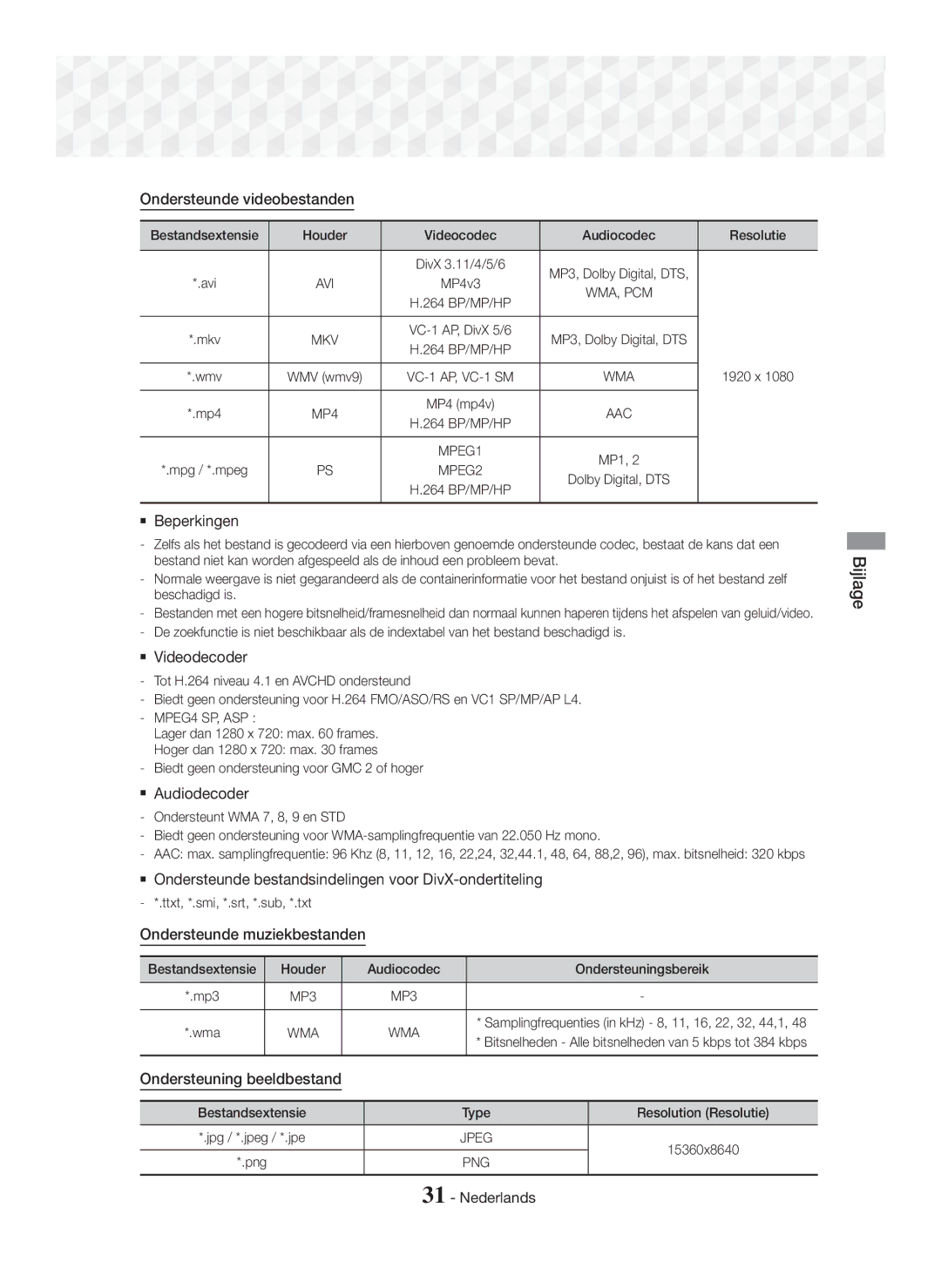 Samsung HT-J5150/ZF, HT-J5150/TK, HT-J5150/EN manual  Ondersteunde bestandsindelingen voor DivX-ondertiteling 