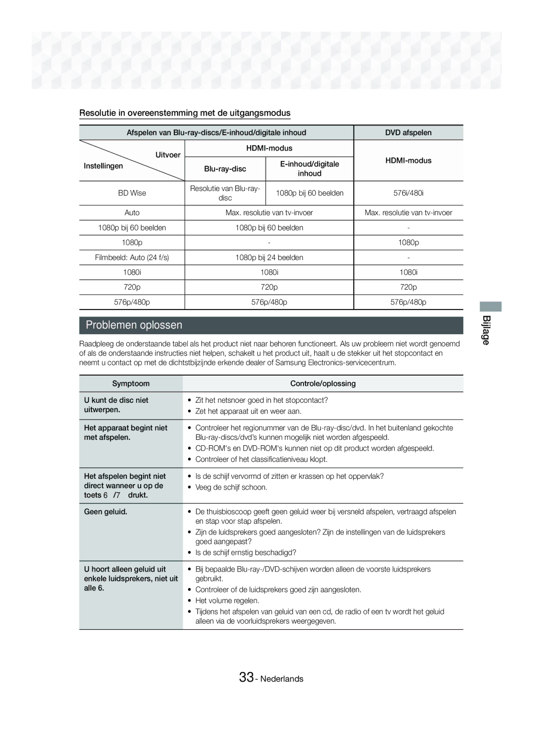 Samsung HT-J5150/EN, HT-J5150/TK, HT-J5150/ZF manual Problemen oplossen, Resolutie in overeenstemming met de uitgangsmodus 