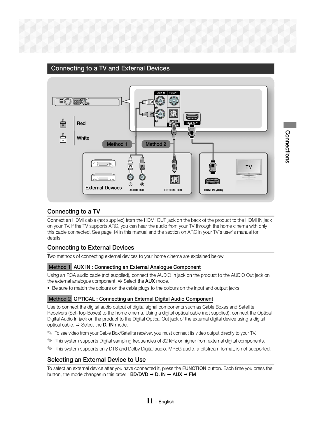 Samsung HT-J5150/ZF, HT-J5150/TK, HT-J5150/EN manual Connecting to a TV and External Devices, Connecting to External Devices 