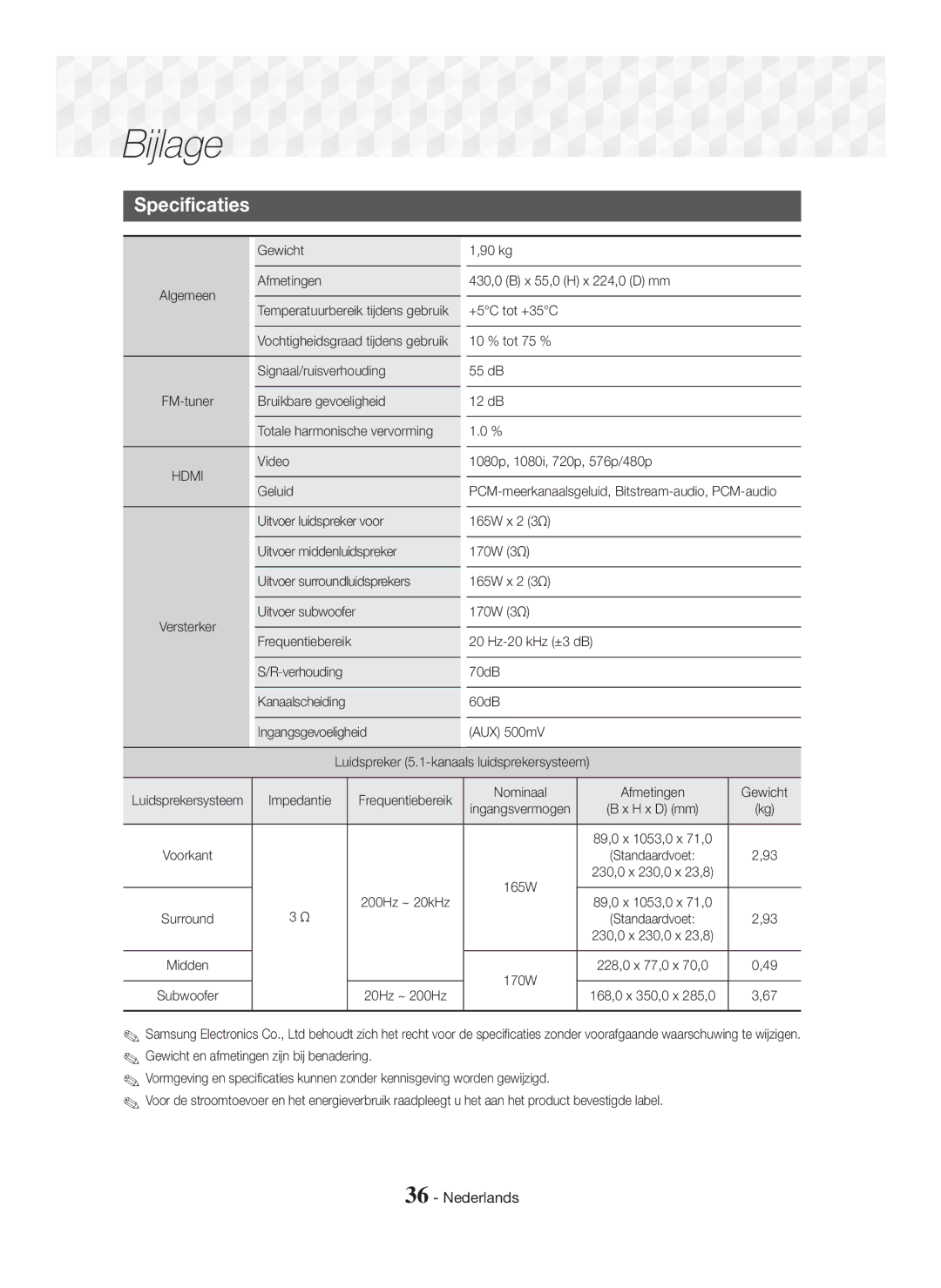 Samsung HT-J5150/EN, HT-J5150/TK, HT-J5150/ZF manual Specificaties, Impedantie Frequentiebereik Nominaal Afmetingen Gewicht 