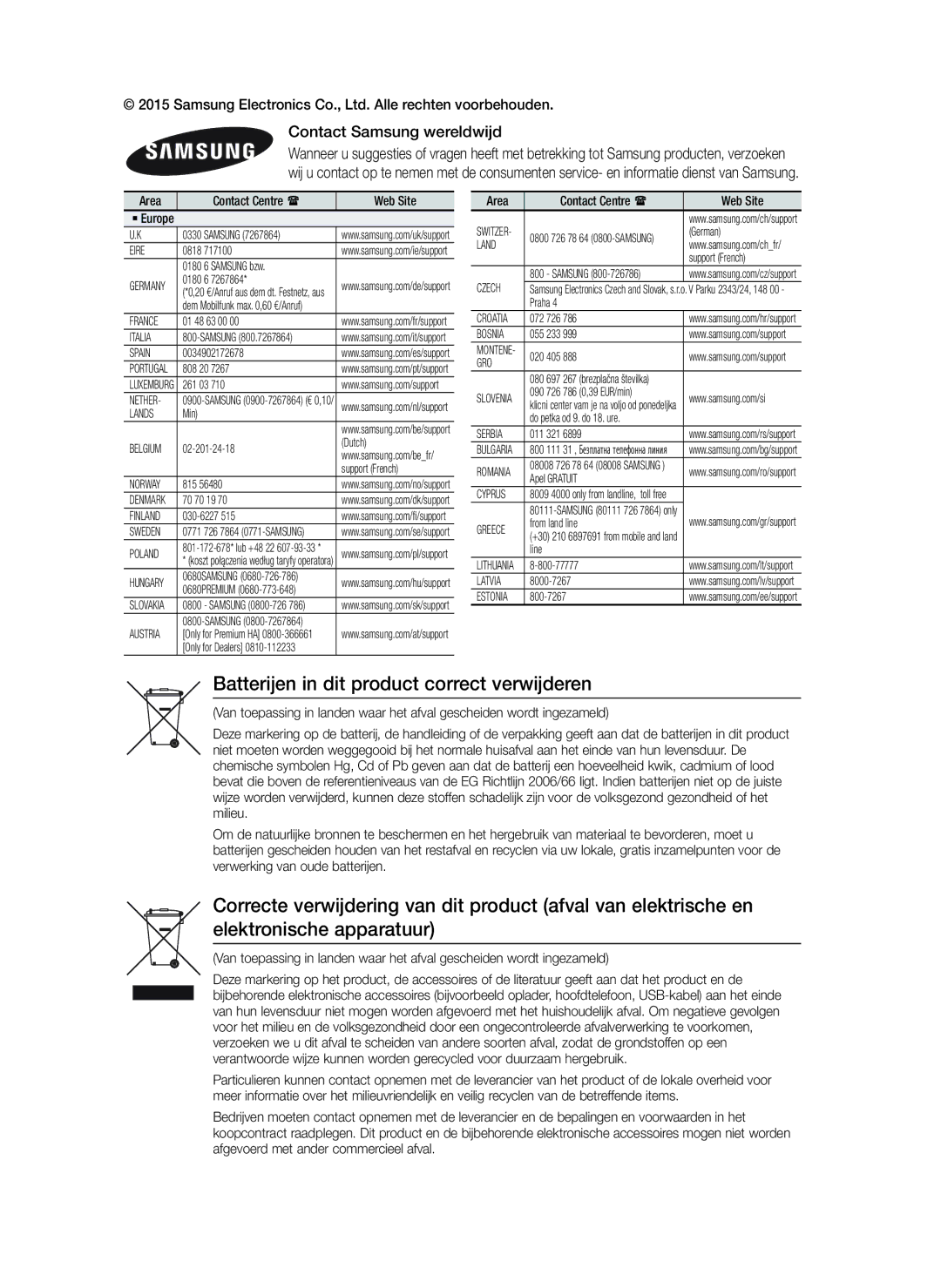 Samsung HT-J5150/TK, HT-J5150/EN, HT-J5150/ZF Batterijen in dit product correct verwijderen, Contact Samsung wereldwijd 