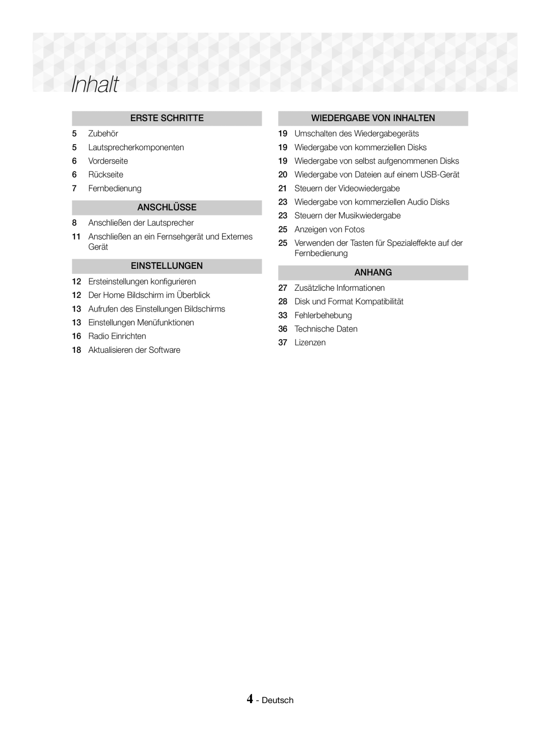 Samsung HT-J5150/EN, HT-J5150/TK, HT-J5150/ZF manual Inhalt 