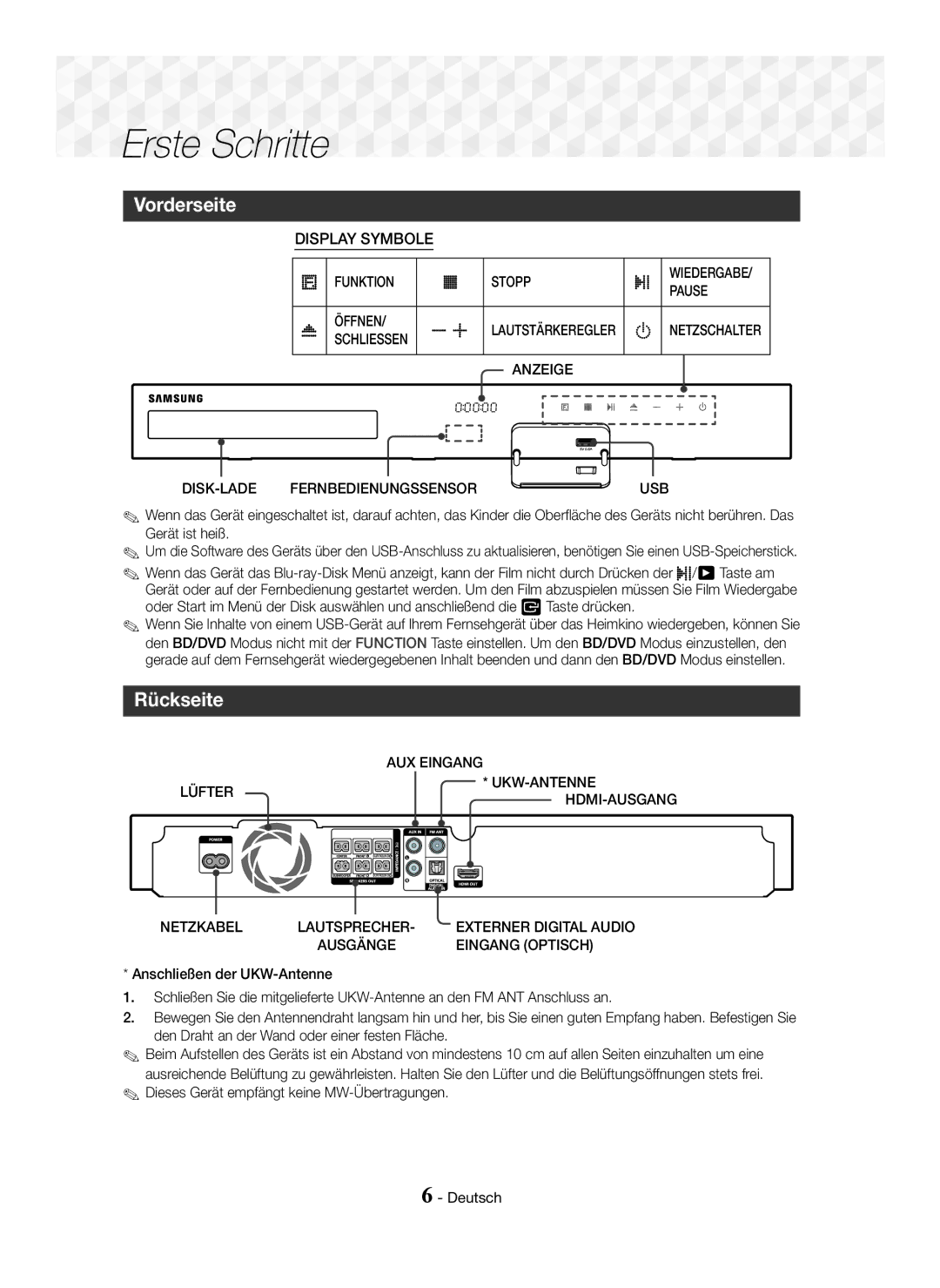 Samsung HT-J5150/TK, HT-J5150/EN, HT-J5150/ZF Vorderseite, Rückseite, Dieses Gerät empfängt keine MW-Übertragungen Deutsch 