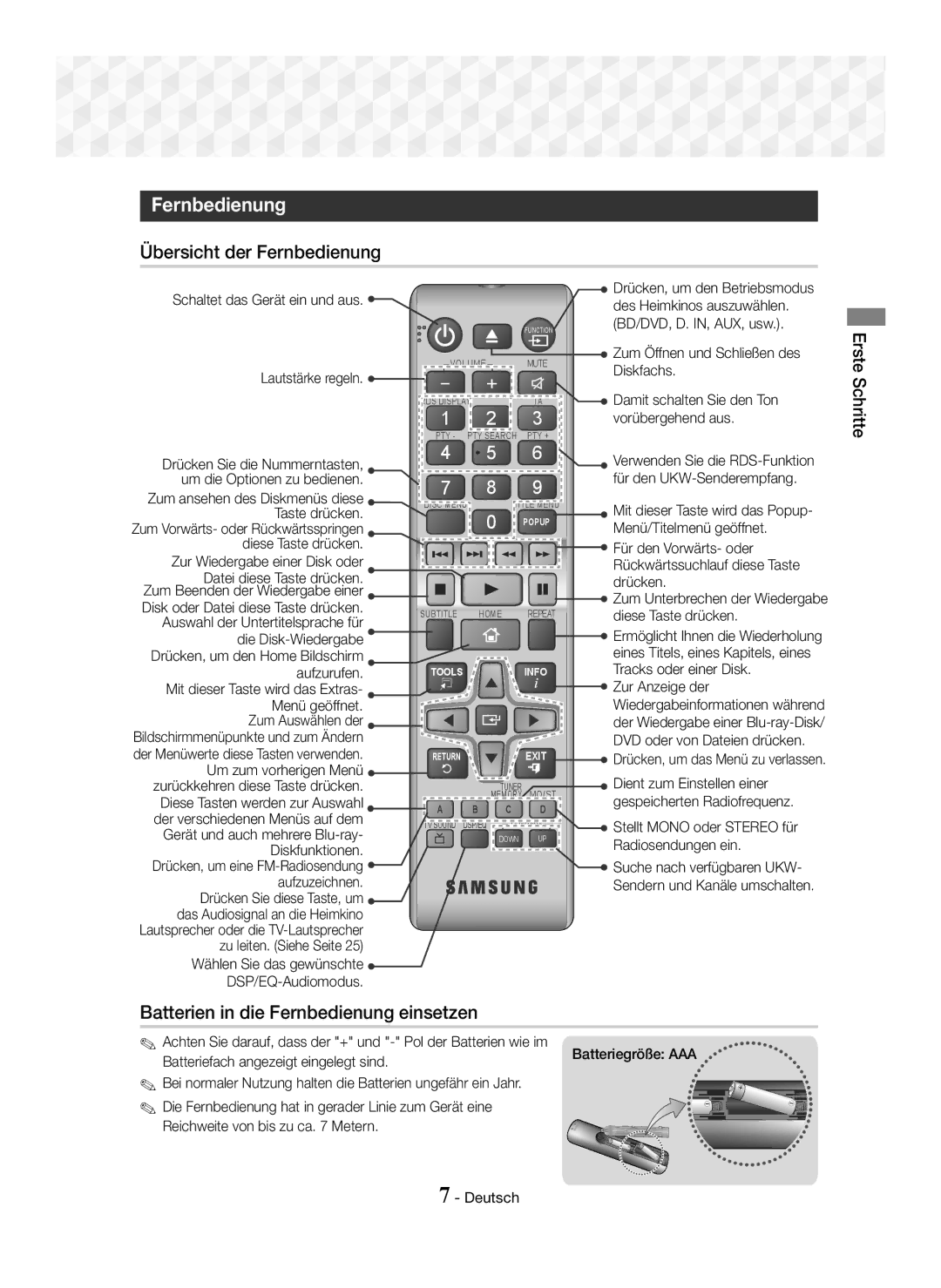 Samsung HT-J5150/EN, HT-J5150/TK, HT-J5150/ZF Übersicht der Fernbedienung, Batterien in die Fernbedienung einsetzen 