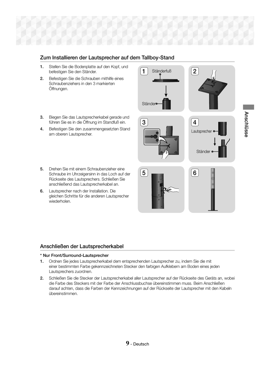 Samsung HT-J5150/TK Zum Installieren der Lautsprecher auf dem Tallboy-Stand, Anschließen der Lautsprecherkabel, Anschlüsse 