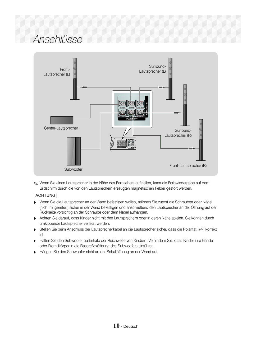 Samsung HT-J5150/EN, HT-J5150/TK, HT-J5150/ZF manual Surround Front-Lautsprecher L Center-Lautsprecher Subwoofer 