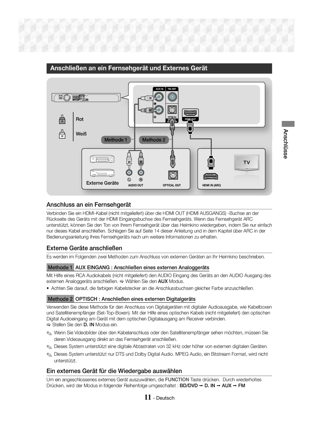 Samsung HT-J5150/ZF, HT-J5150/TK manual Anschließen an ein Fernsehgerät und Externes Gerät, Anschluss an ein Fernsehgerät 