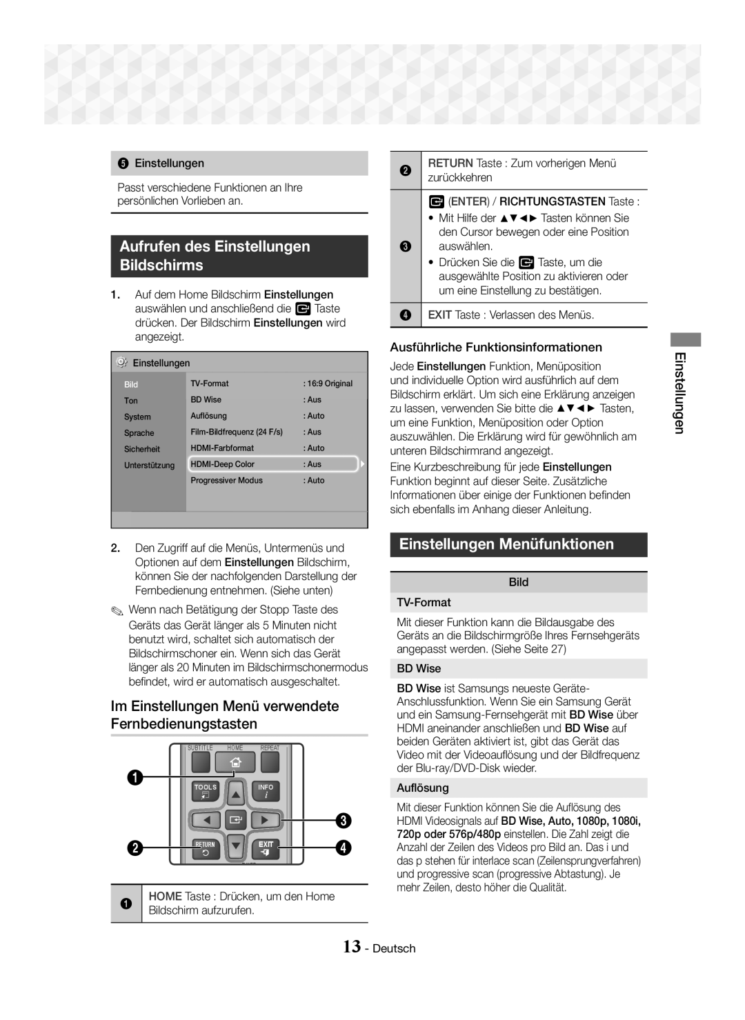 Samsung HT-J5150/EN manual Aufrufen des Einstellungen Bildschirms, Im Einstellungen Menü verwendete Fernbedienungstasten 