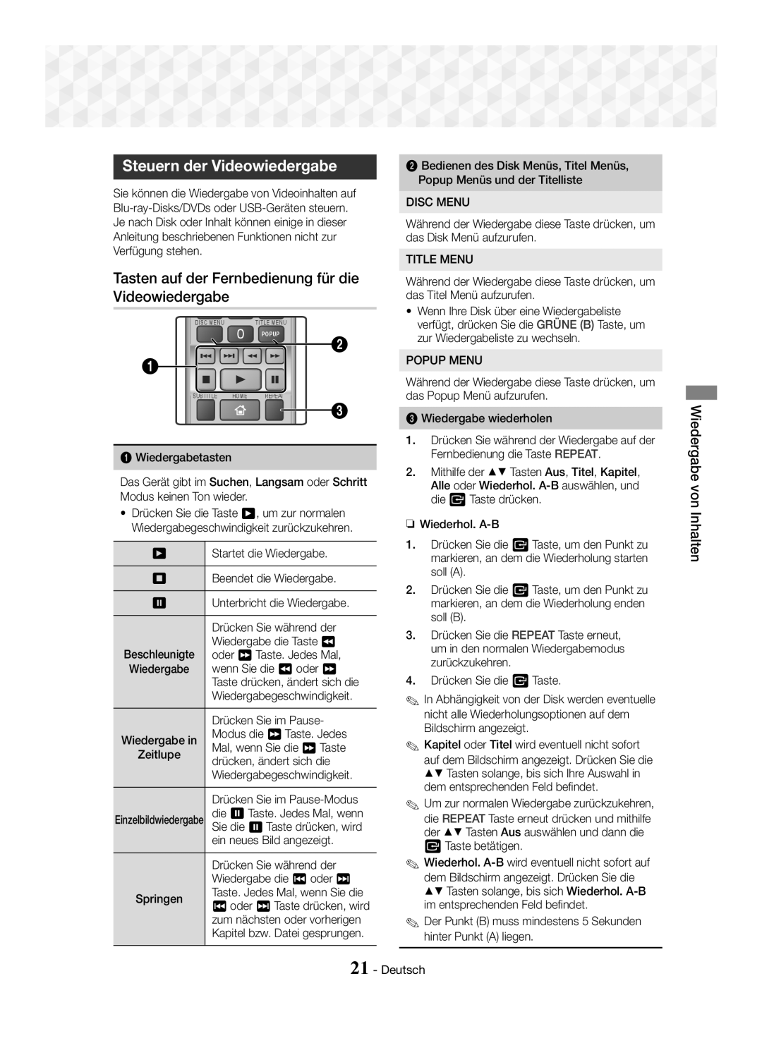 Samsung HT-J5150/TK, HT-J5150/EN, HT-J5150/ZF manual Steuern der Videowiedergabe, Tasten auf der Fernbedienung für die 