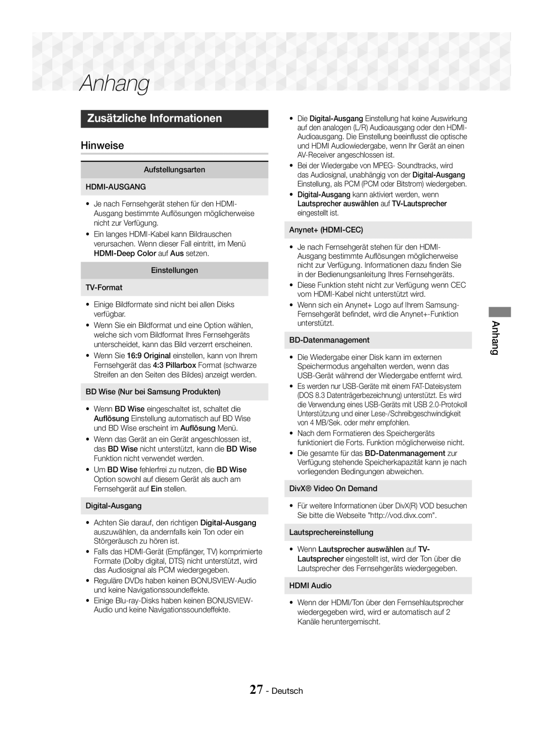 Samsung HT-J5150/TK, HT-J5150/EN, HT-J5150/ZF manual Anhang, Zusätzliche Informationen, Hinweise 