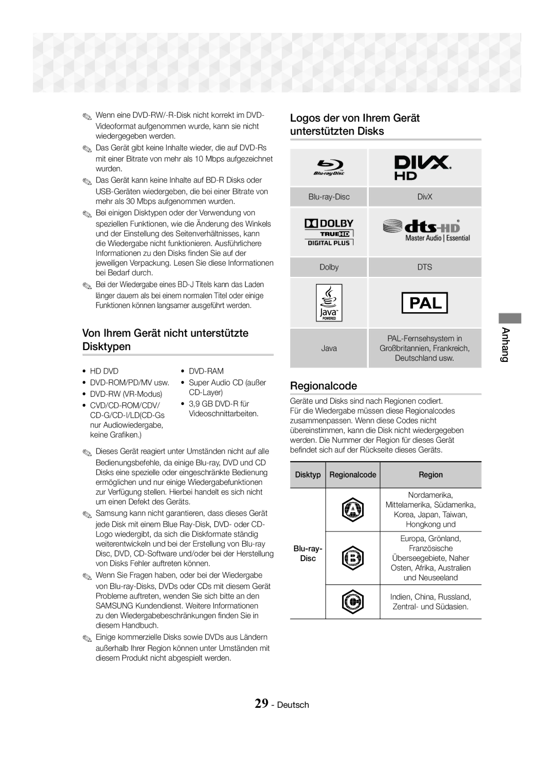 Samsung HT-J5150/ZF manual Regionalcode, Blu-ray-Disc, DVD-ROM/PD/MV usw DVD-RW VR-Modus, Super Audio CD außer CD-Layer 