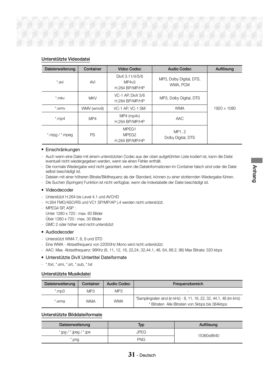 Samsung HT-J5150/EN Unterstützte Videodatei,  Einschränkungen,  Videodecoder,  Audiodecoder, Unterstützte Musikdatei 