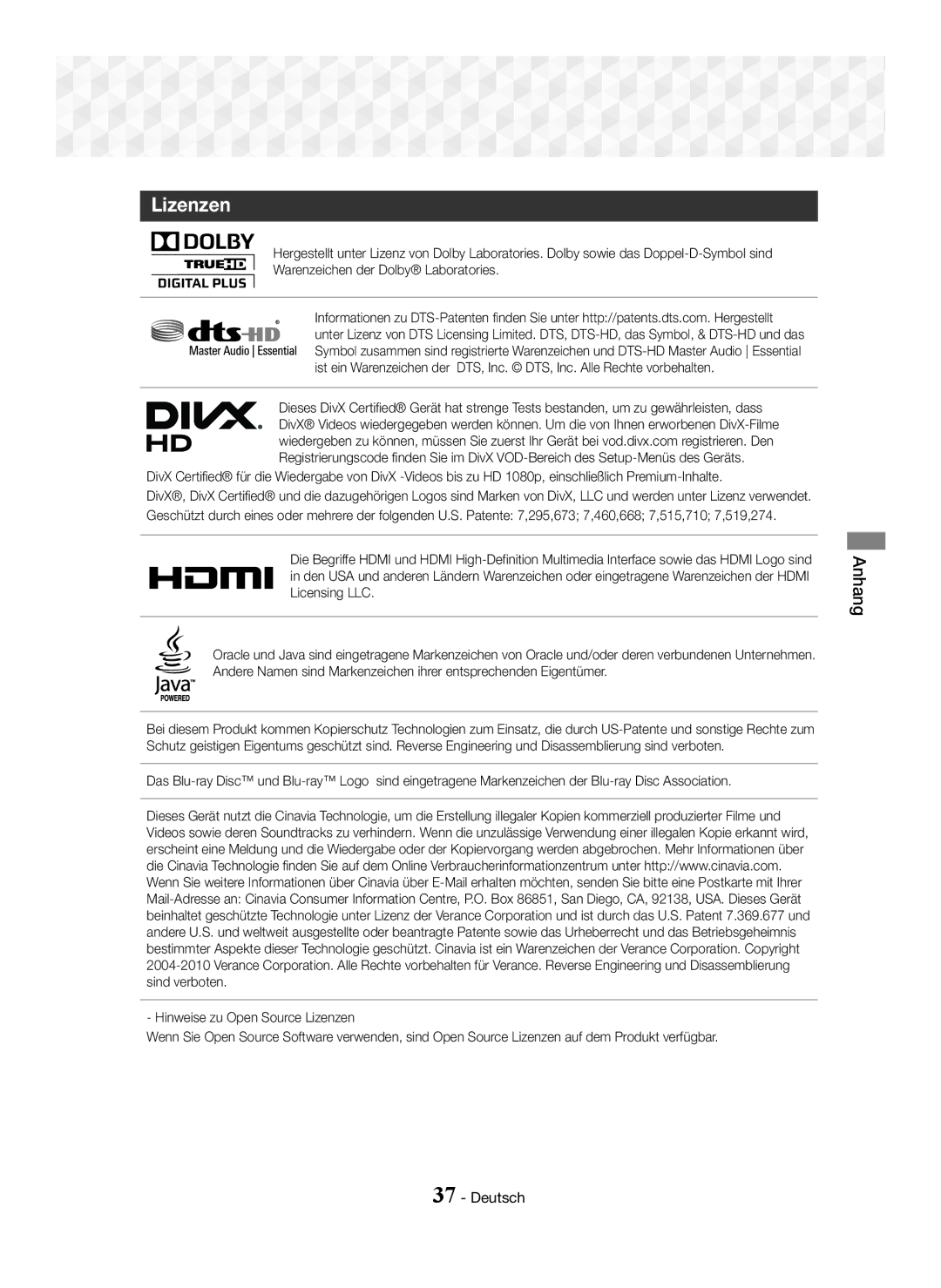 Samsung HT-J5150/EN, HT-J5150/TK, HT-J5150/ZF manual Lizenzen 