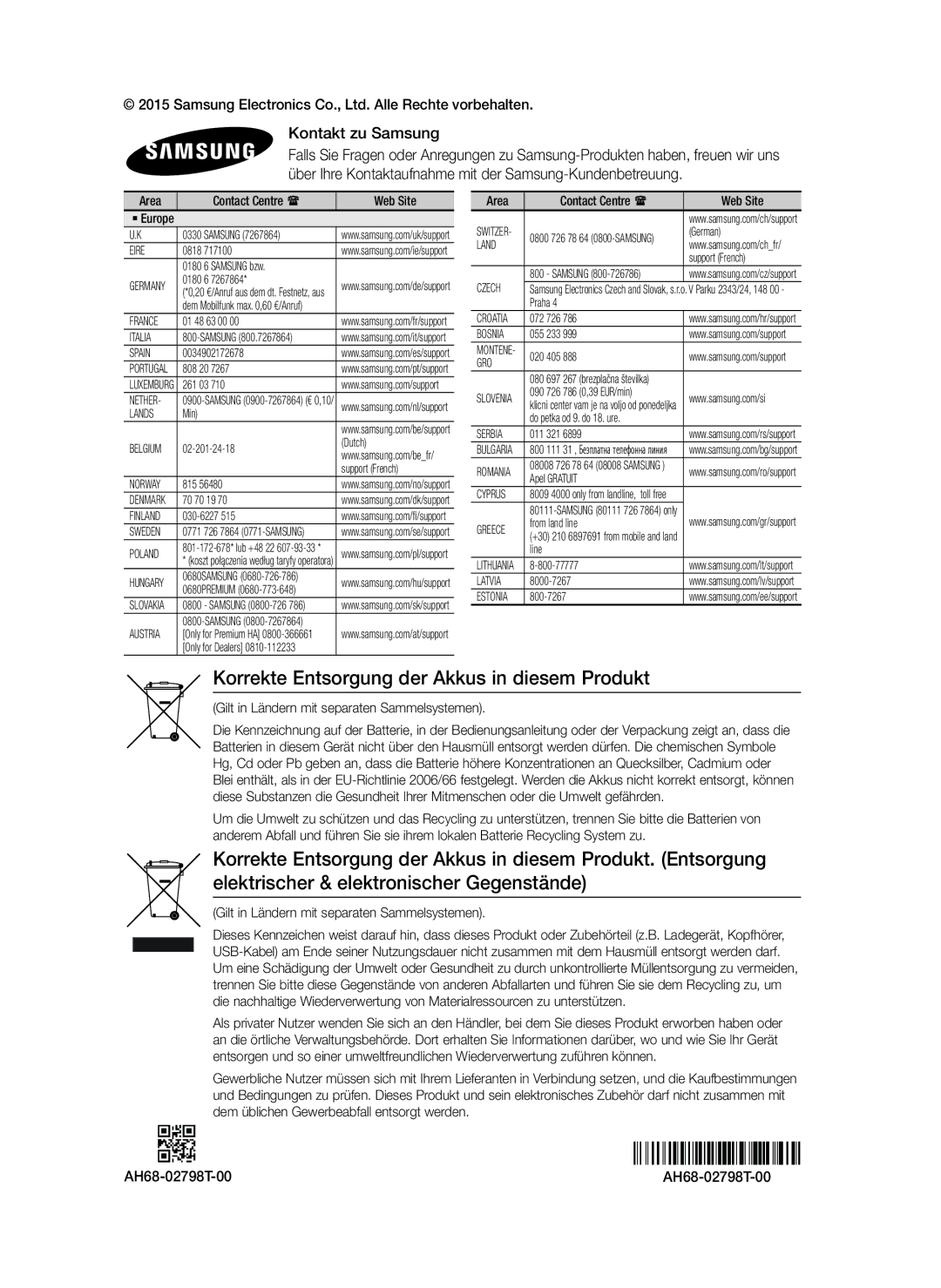 Samsung HT-J5150/ZF, HT-J5150/TK manual Korrekte Entsorgung der Akkus in diesem Produkt, Kontakt zu Samsung, AH68-02798T-00 