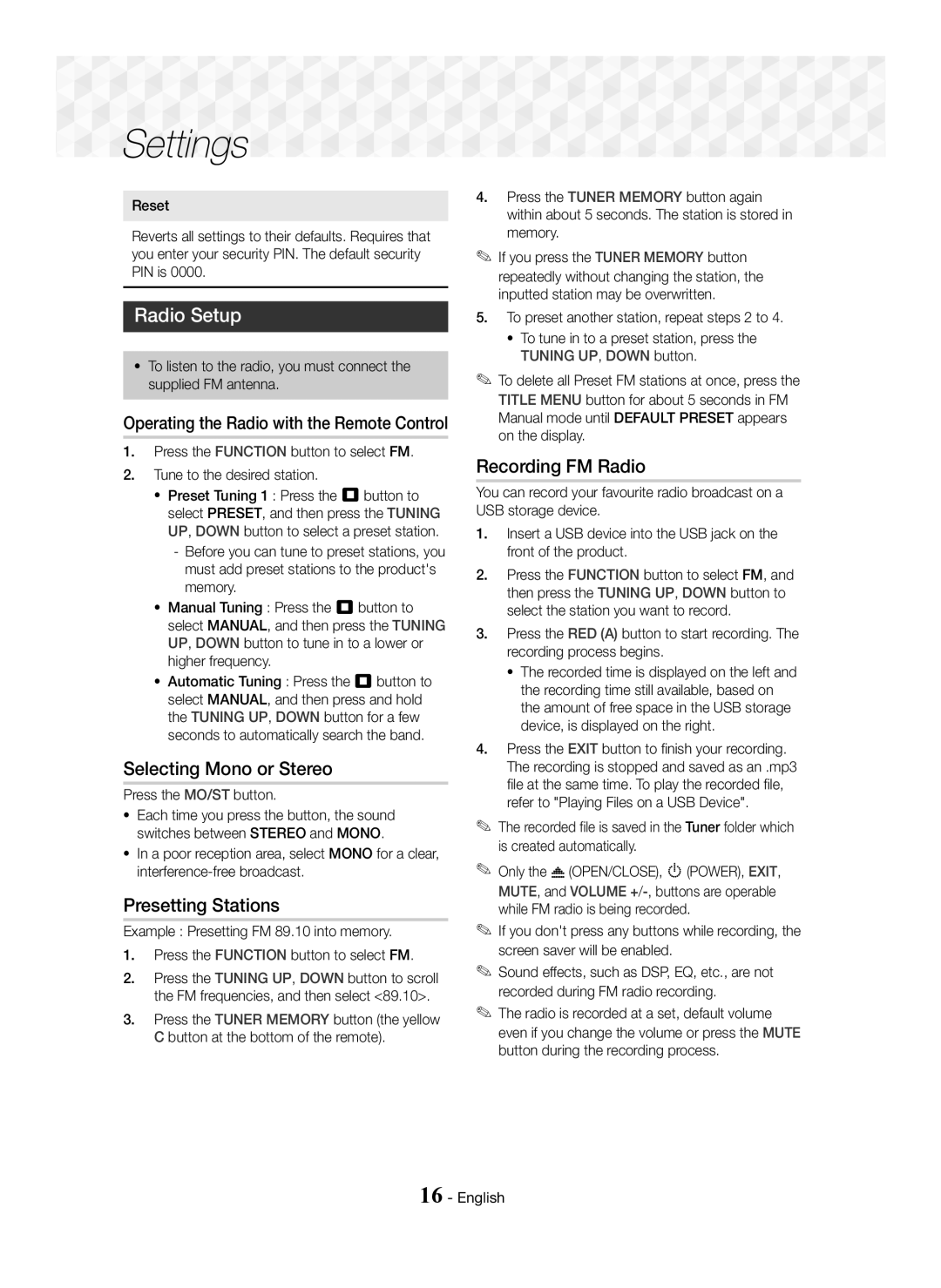 Samsung HT-J5150/EN, HT-J5150/TK manual Radio Setup, Selecting Mono or Stereo, Presetting Stations, Recording FM Radio 