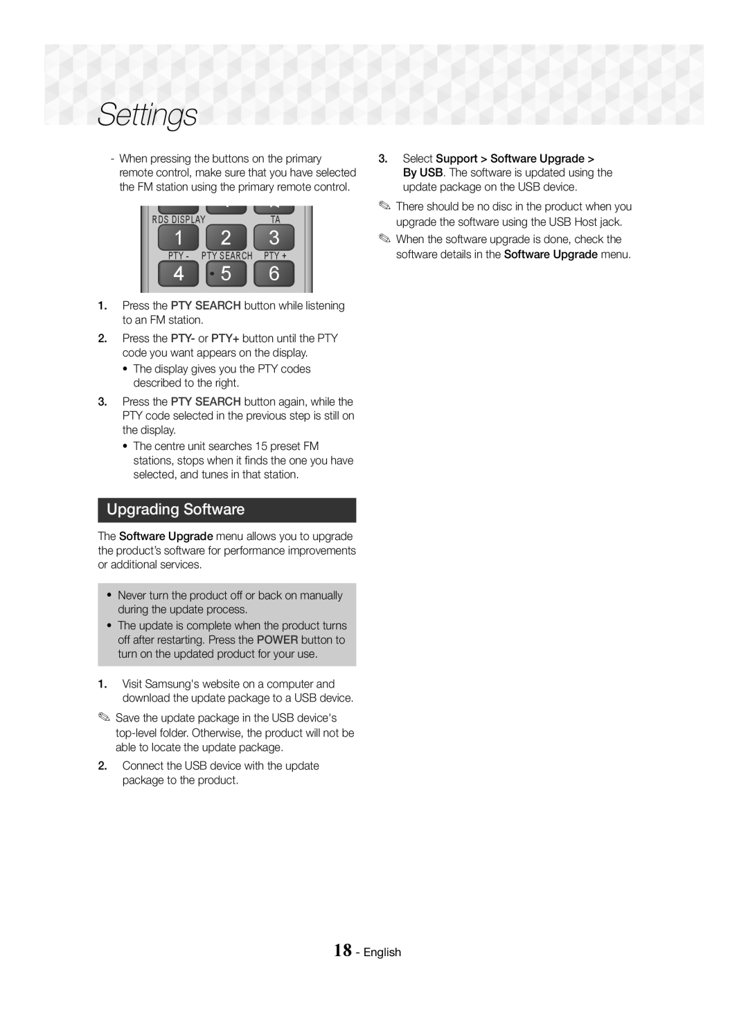 Samsung HT-J5150/TK, HT-J5150/EN manual Upgrading Software, Press the PTY Search button while listening to an FM station 