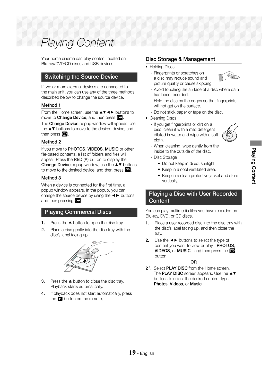 Samsung HT-J5150/EN, HT-J5150/TK manual Switching the Source Device, Playing Commercial Discs, Disc Storage & Management 