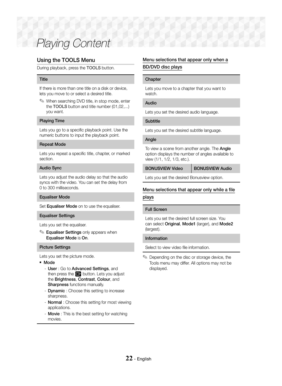 Samsung HT-J5150/EN manual Playing Content, Using the Tools Menu, Menu selections that appear only when a BD/DVD disc plays 