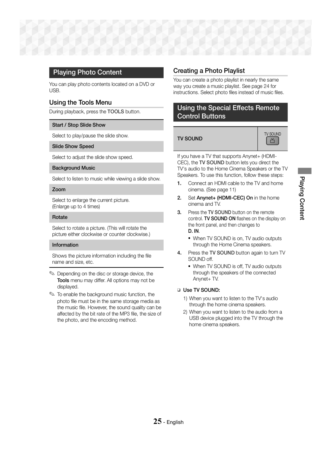 Samsung HT-J5150/EN Playing Photo Content, Creating a Photo Playlist, Using the Special Effects Remote Control Buttons 