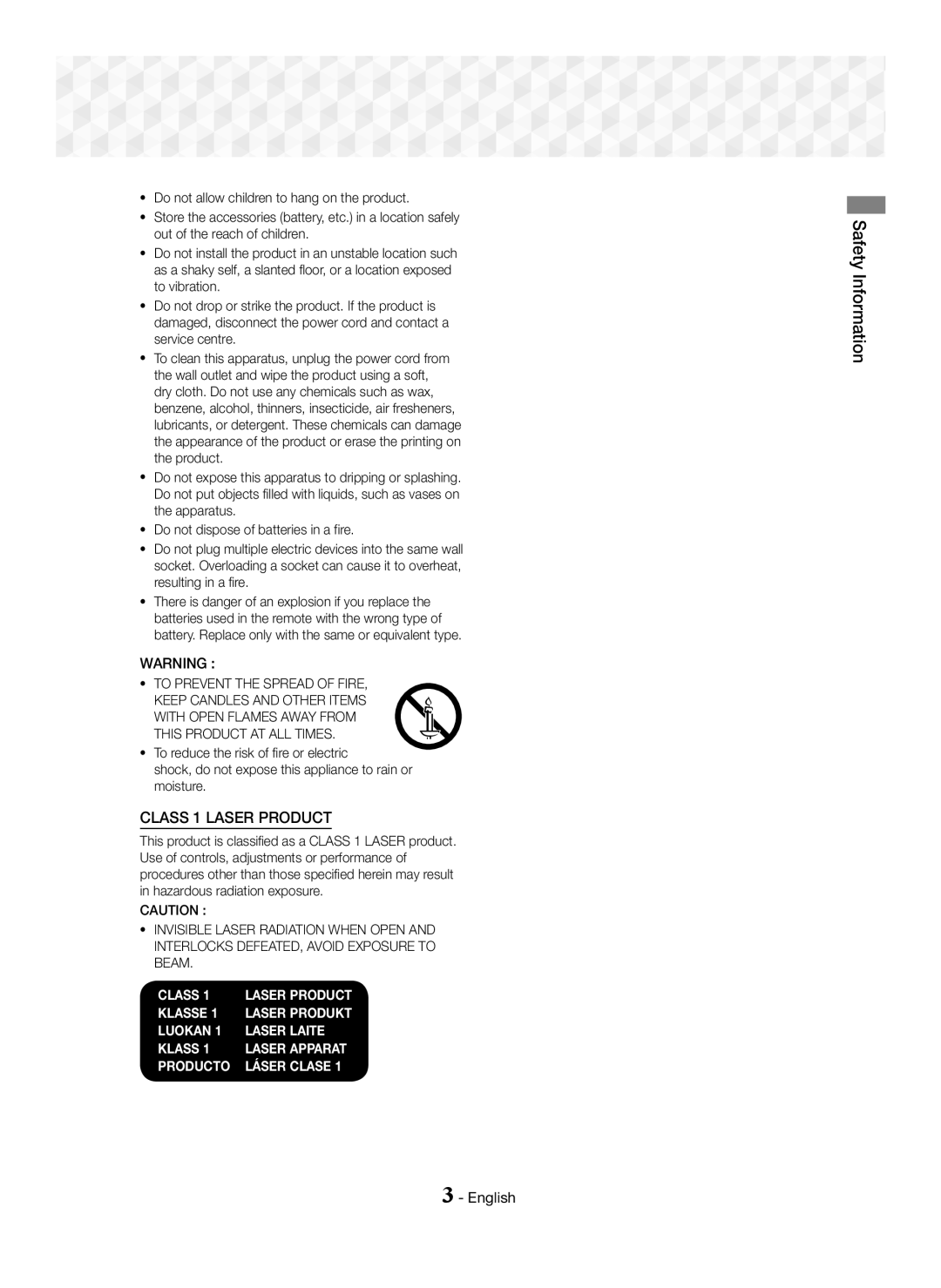 Samsung HT-J5150/TK, HT-J5150/EN, HT-J5150/ZF manual Safety Information, This Product AT ALL Times 