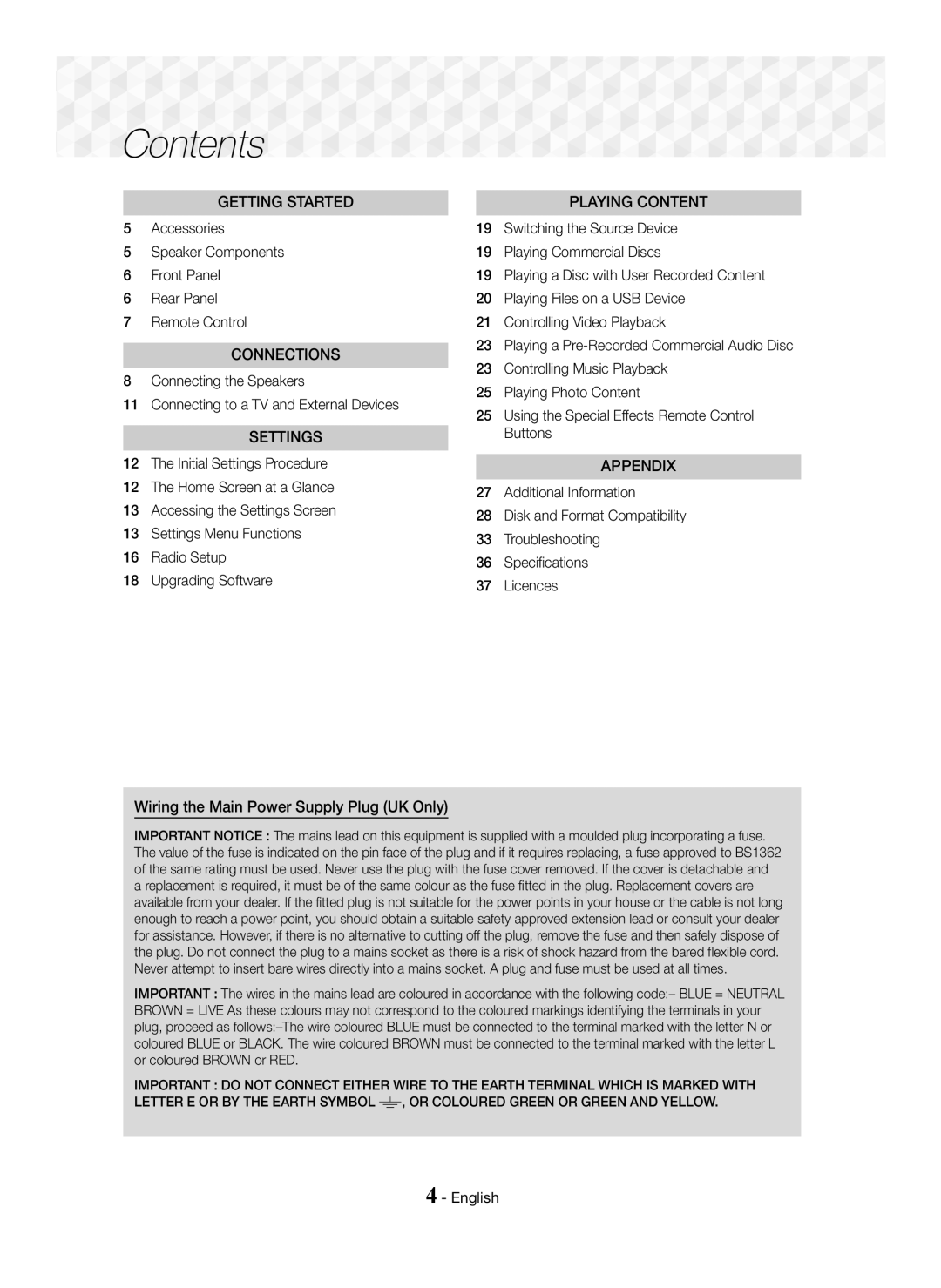 Samsung HT-J5150/EN, HT-J5150/TK, HT-J5150/ZF manual Contents 