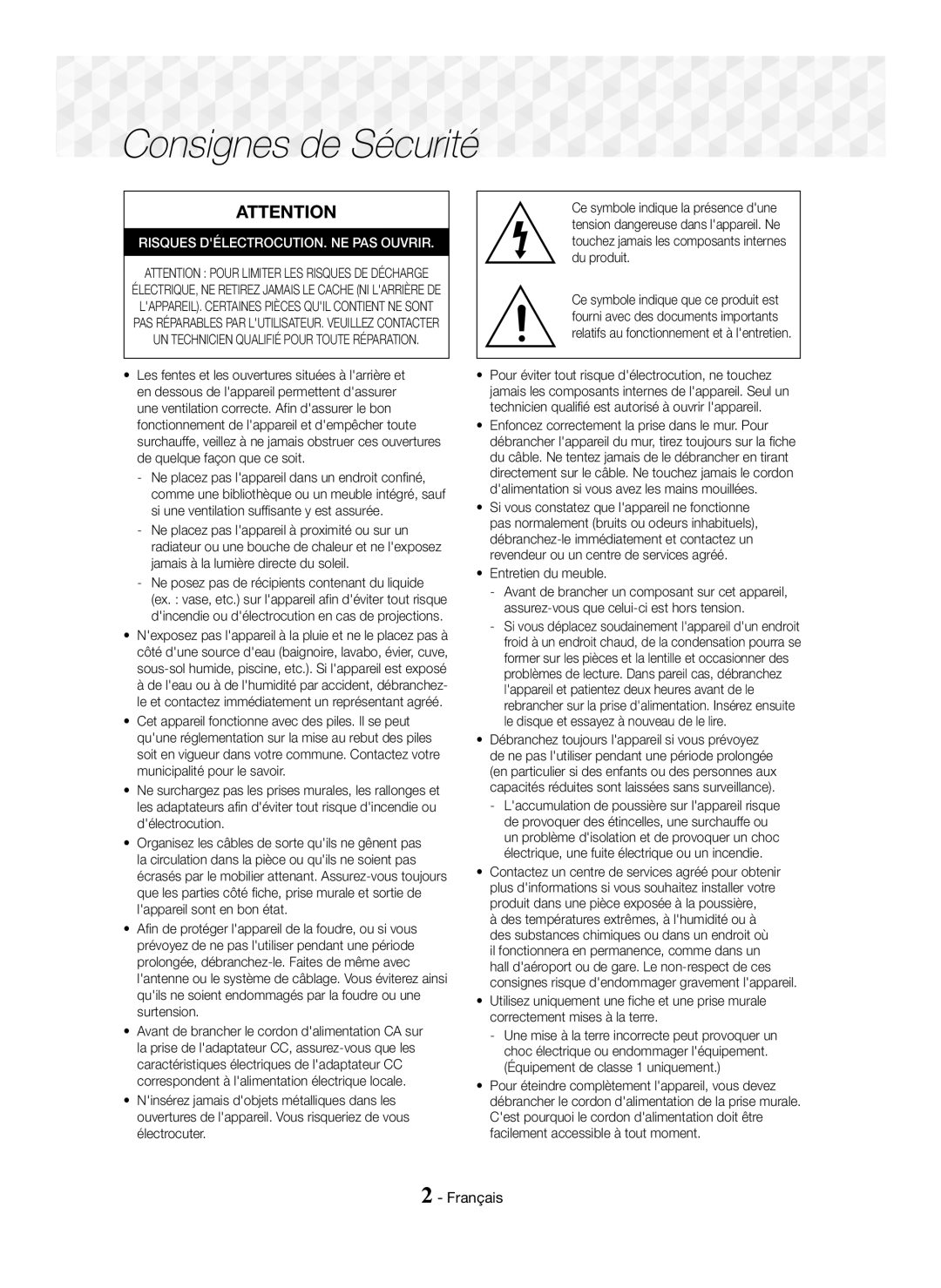 Samsung HT-J5150/EN, HT-J5150/TK, HT-J5150/ZF manual Consignes de Sécurité, Français, Entretien du meuble 