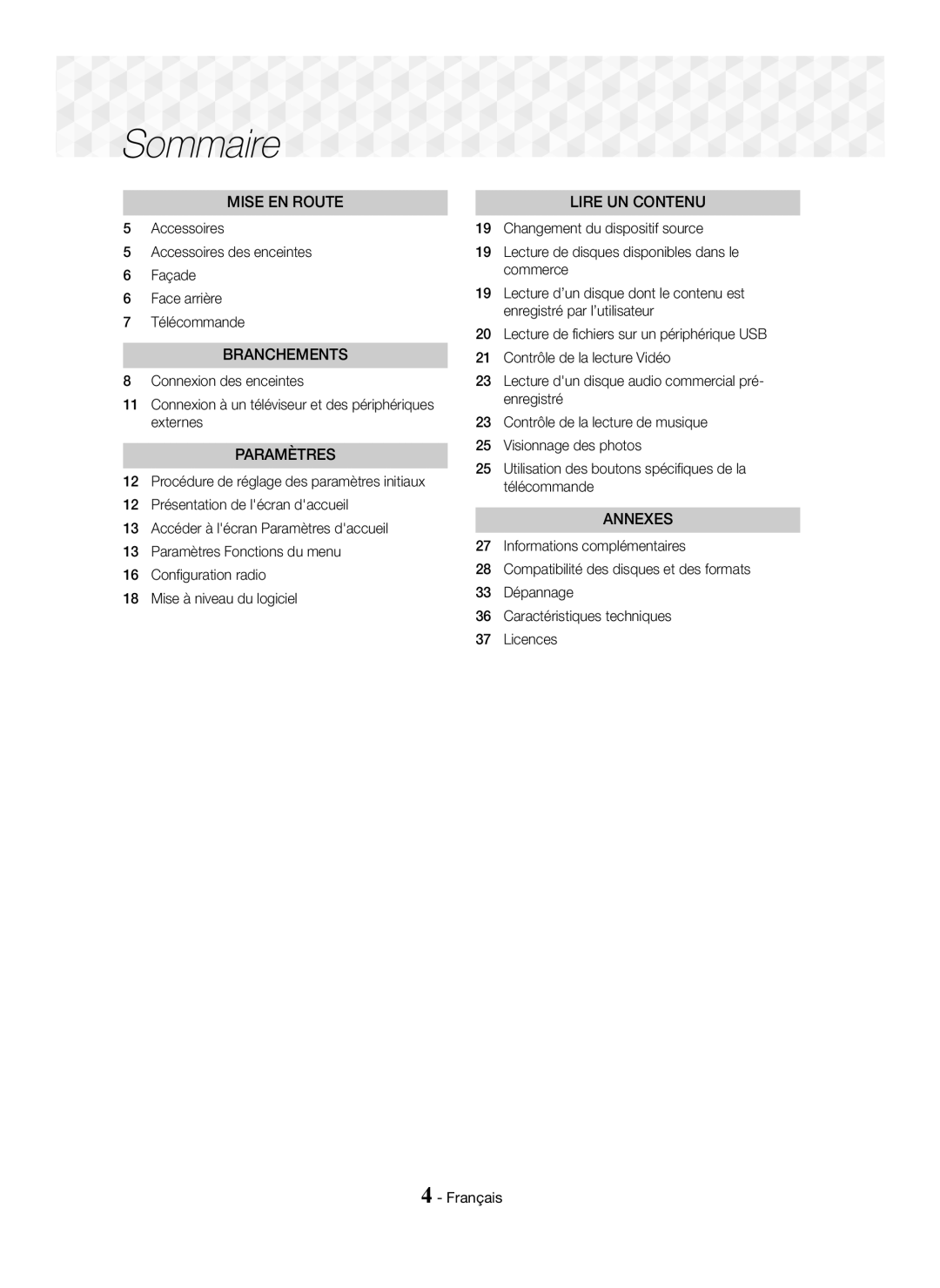 Samsung HT-J5150/TK, HT-J5150/EN, HT-J5150/ZF manual Sommaire, Paramètres 