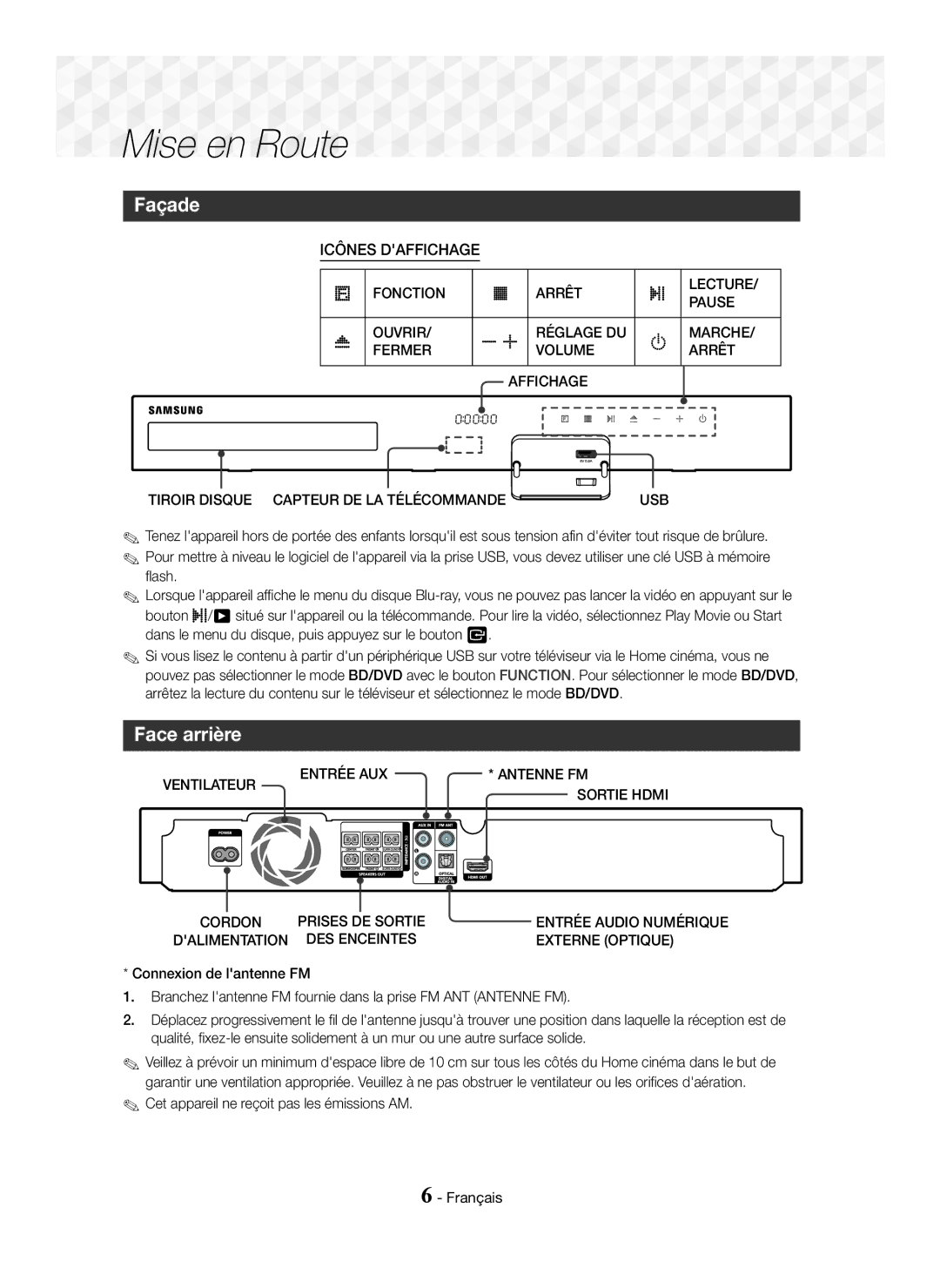 Samsung HT-J5150/ZF, HT-J5150/TK Mise en Route, Façade, Face arrière, Cet appareil ne reçoit pas les émissions AM Français 