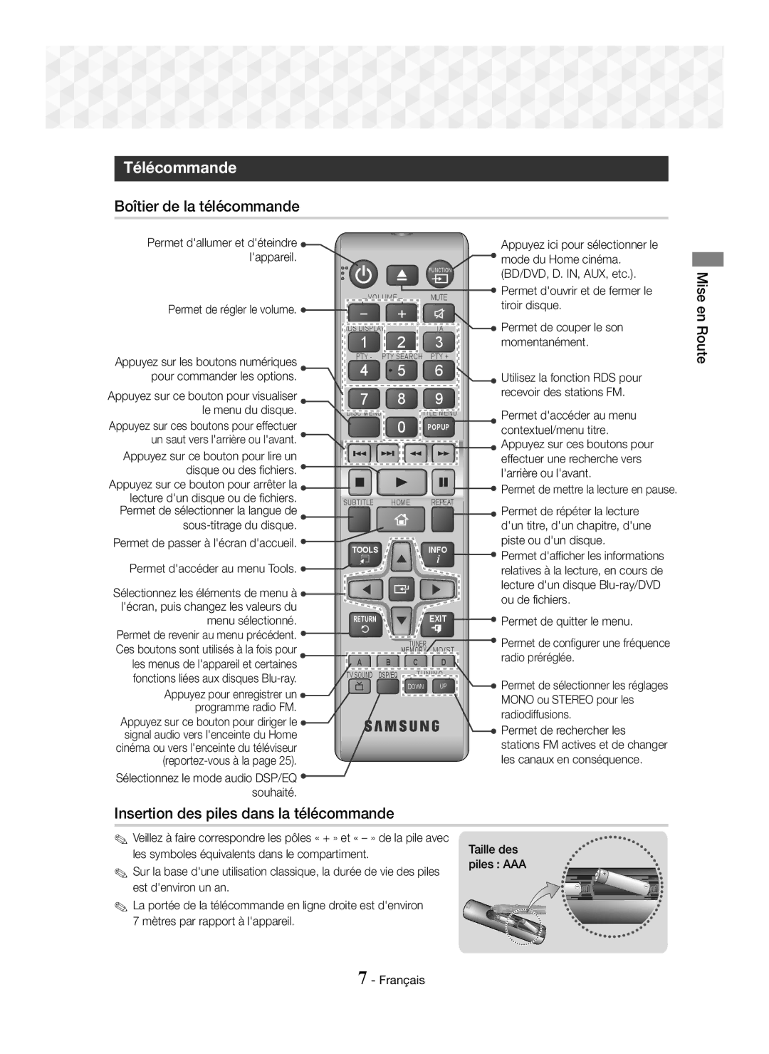 Samsung HT-J5150/TK, HT-J5150/EN manual Télécommande, Boîtier de la télécommande, Insertion des piles dans la télécommande 