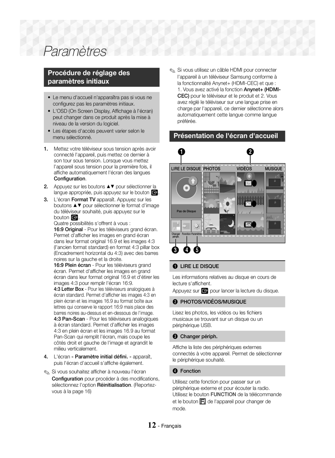 Samsung HT-J5150/ZF, HT-J5150/TK, HT-J5150/EN Procédure de réglage des Paramètres initiaux, Présentation de lécran daccueil 