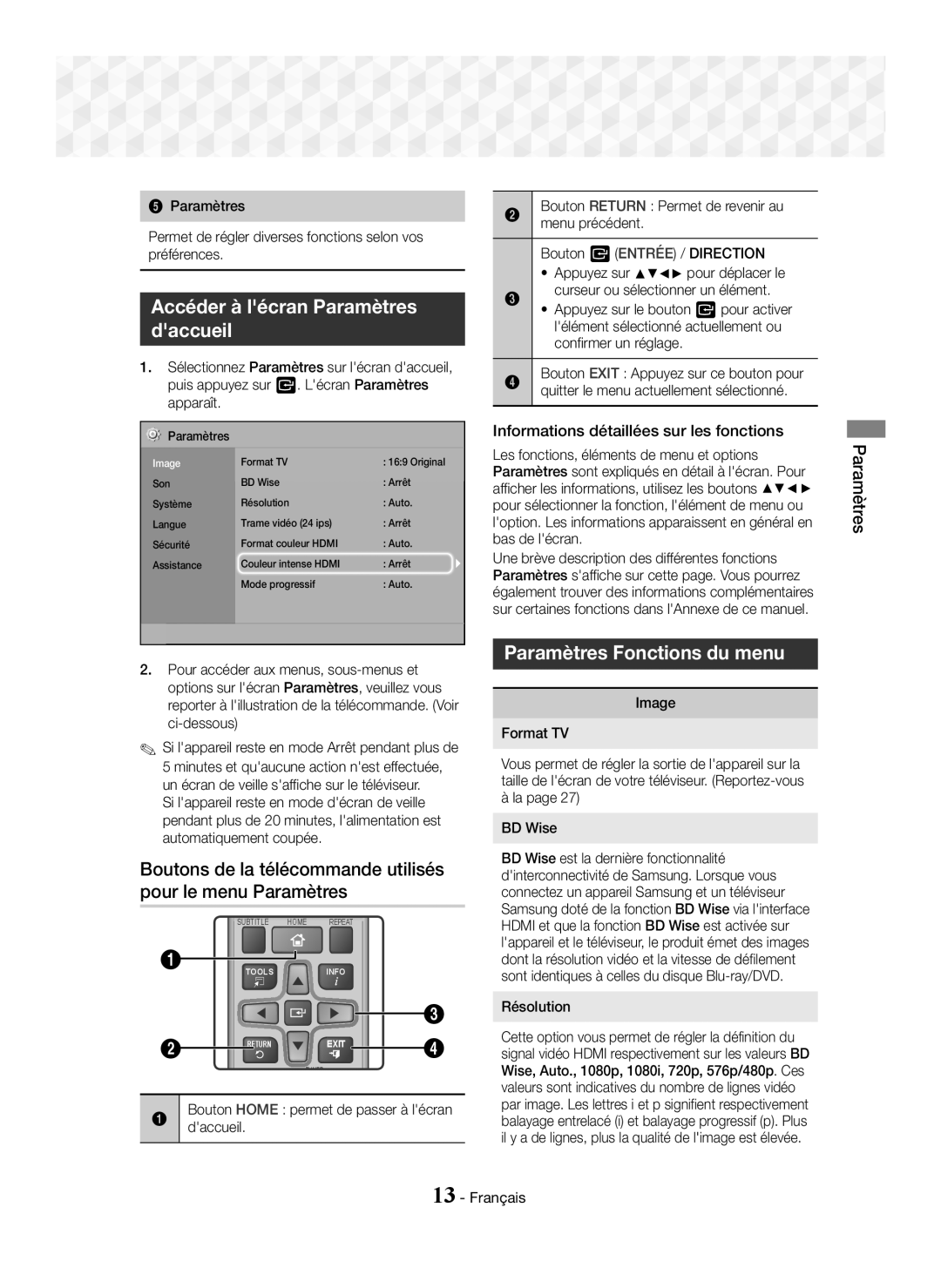 Samsung HT-J5150/TK, HT-J5150/EN, HT-J5150/ZF manual Accéder à lécran Paramètres Daccueil, Paramètres Fonctions du menu 