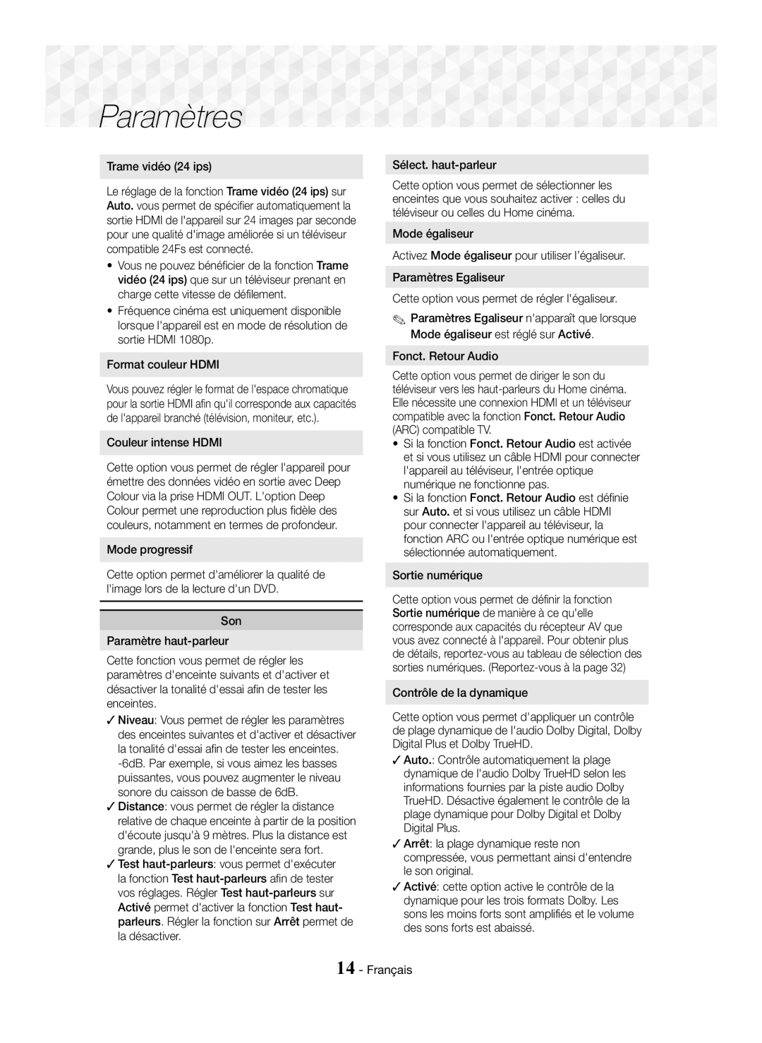 Samsung HT-J5150/EN, HT-J5150/TK, HT-J5150/ZF manual Paramètres 